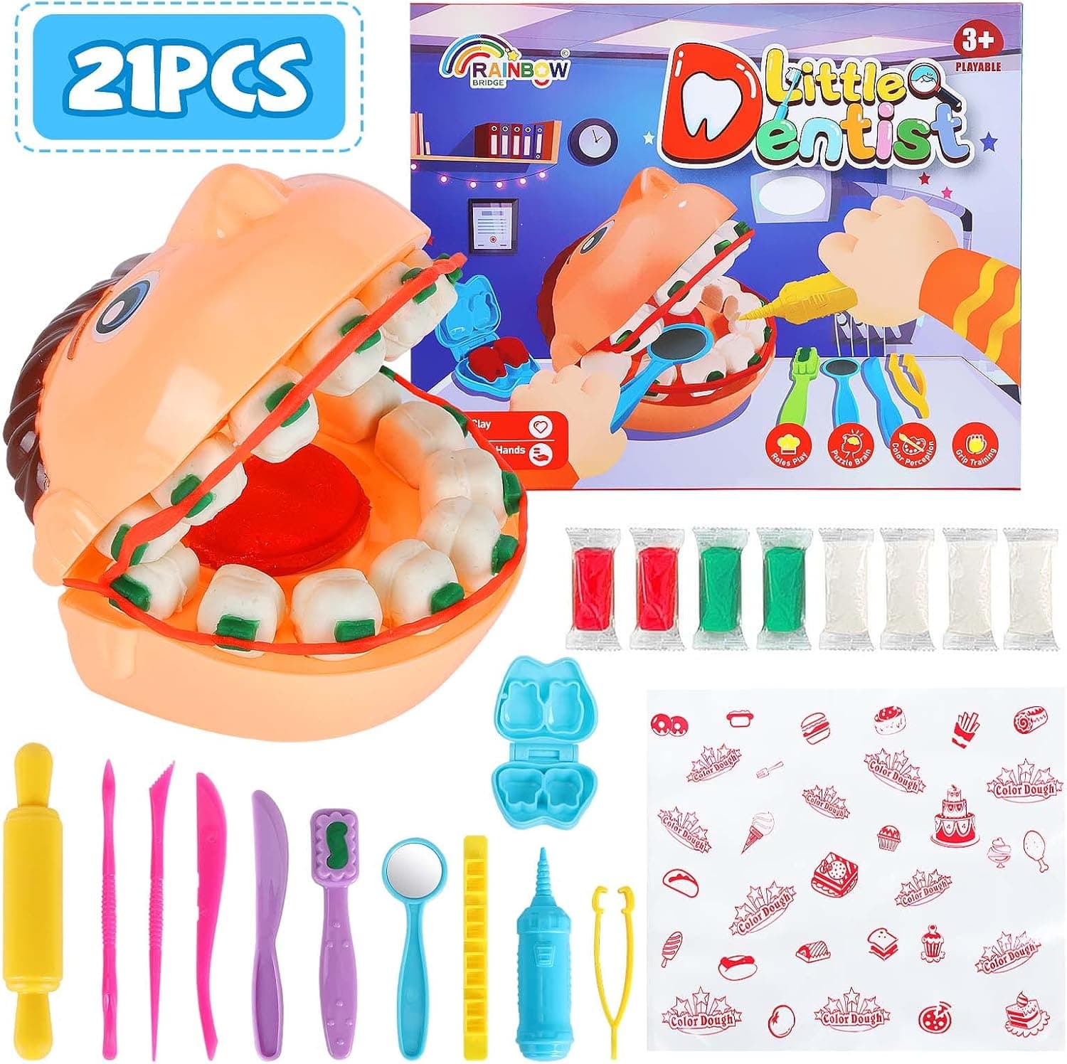 Playdough Set for Kids, 21 PCS Dentist Kit for Kids Playdough Pretent Toys with 8 Play Dough for Toddlers Boys Girls 3 4 5 6 7 8 Years Old(White)