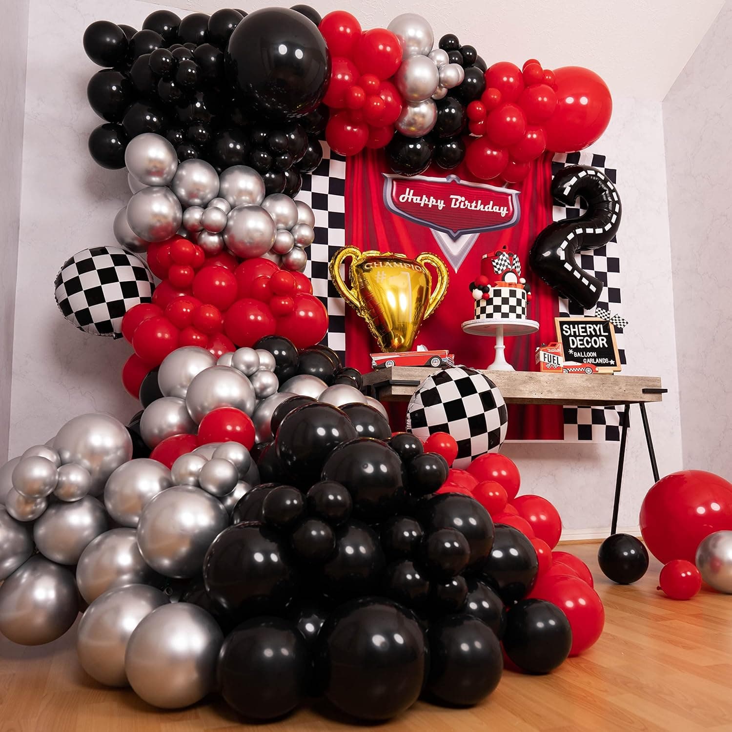 100pcs EASY DIY– Red and Black Balloon Arch Kit - BONUS Trophy & Number 2 - Race Car Balloon Garland Kit for Lightning McQueen Cars 2 Birthday Party Supplies & Hot Wheels Balloon Race Cars Decorations