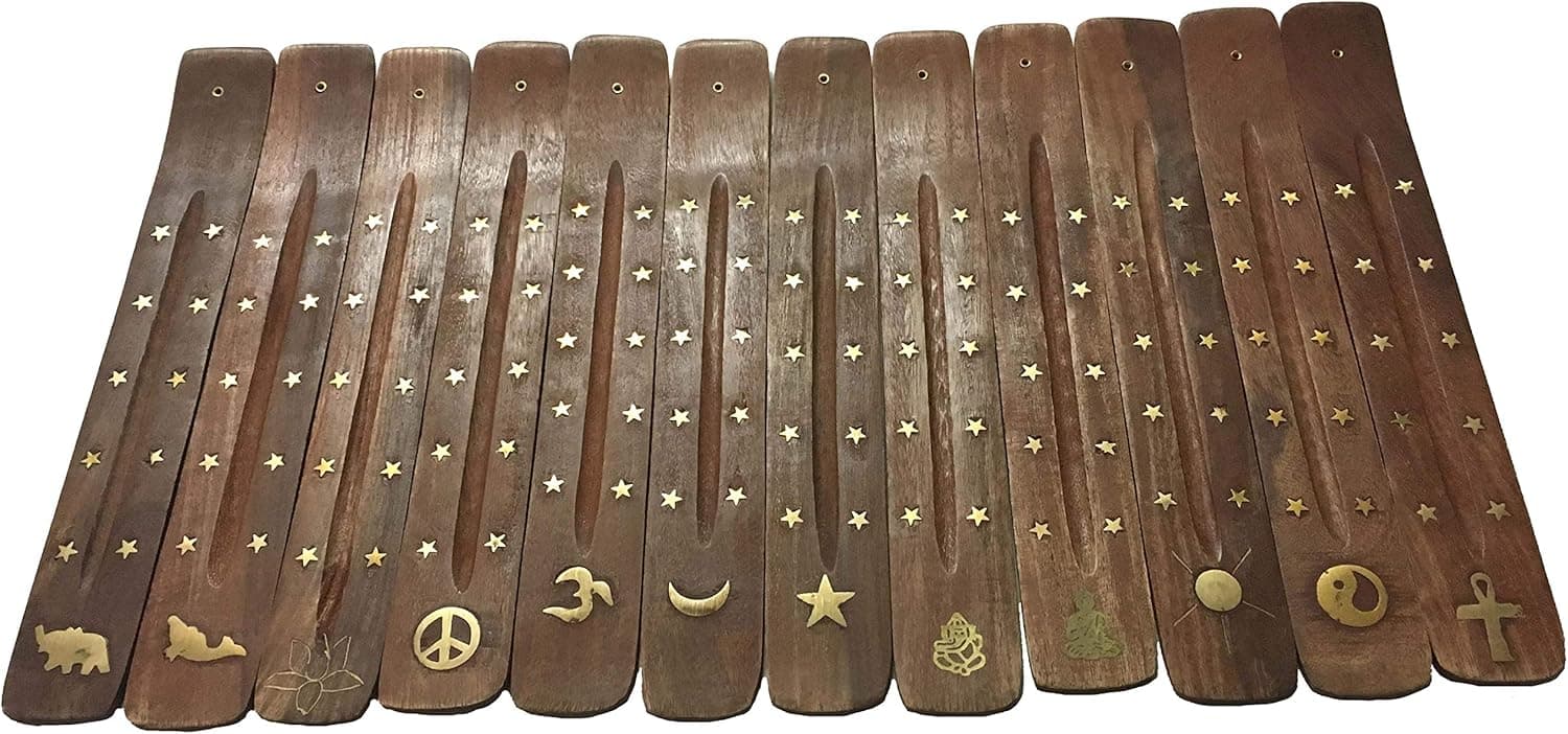 Vrinda® Wooden Incense Holder/Burner with Inlaid Assorted Design, 10"(Pack of 12)