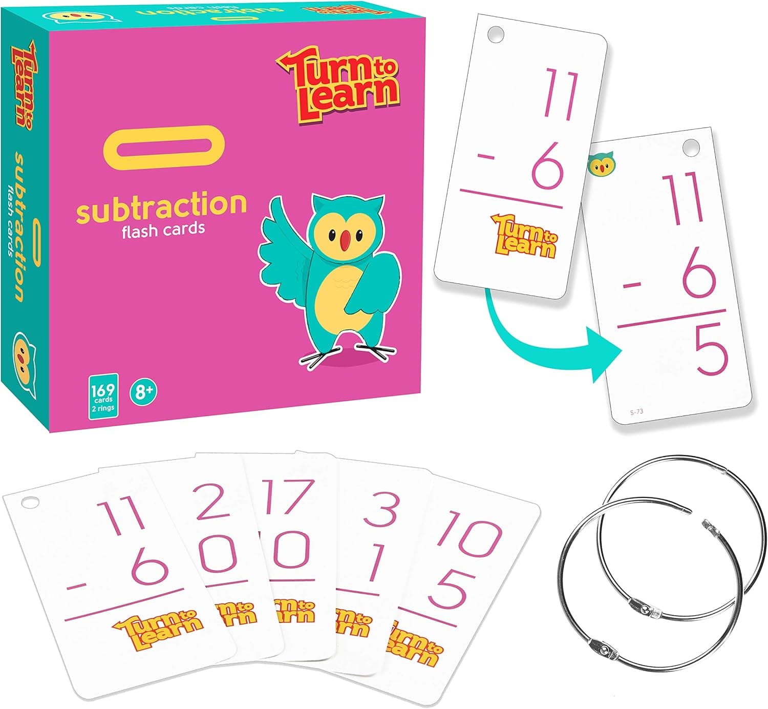 Turn To Learn Subtraction Flash Cards - Math Problem Solving Tool - Easy to Use Sort and Check Answers Includes 169 Cards and 2 Rings 0-12 All Facts Perfect for Kindergarten to 3rd Grade Ages 4 and Up