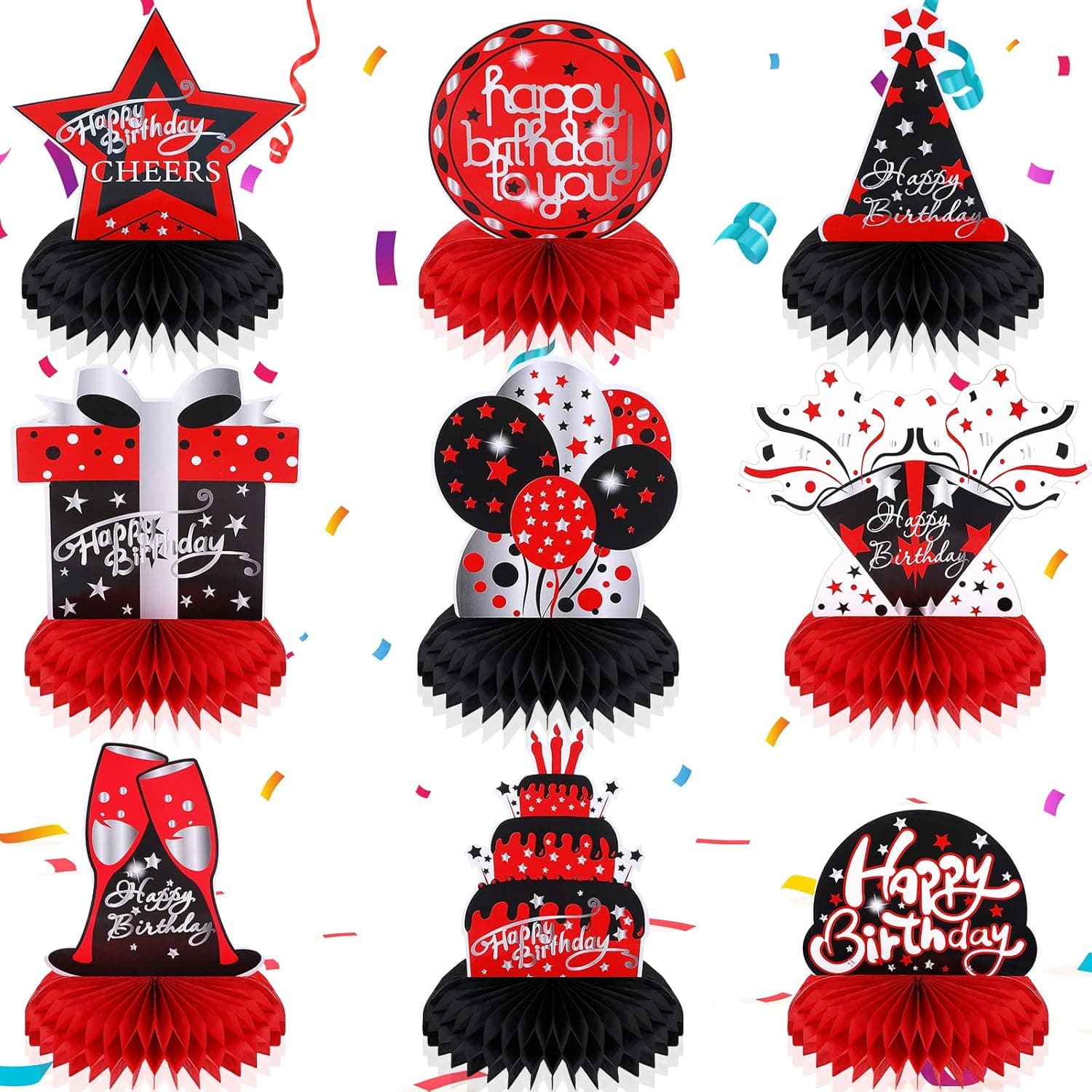 9 Pcs Red and Black Birthday Decorations Table Honeycomb Centerpieces Happy Birthday Table Decorations Red Black Centerpieces for Tables Party Table Centerpieces Table Topper Sign for Kids Women Men