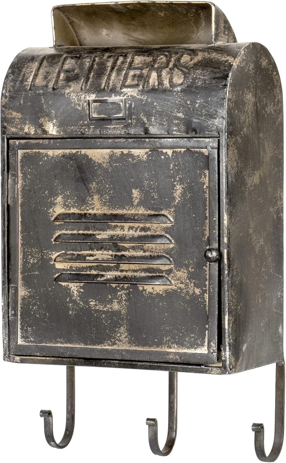 Red Co. 11” x 20” French Vintage Embossed Metal Wall Mount Mailbox with 3 Hooks, Distressed Black