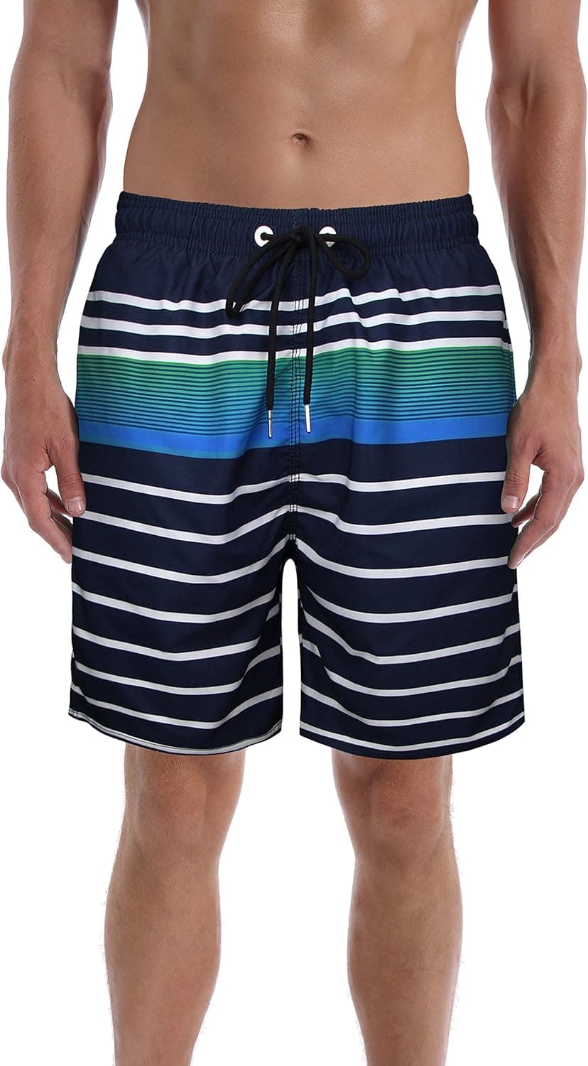 QRANSS Men's Quick Dry Swim Trunks Bathing Suit Beach Shorts (X-Large, Navywhite Stripe, x_l)