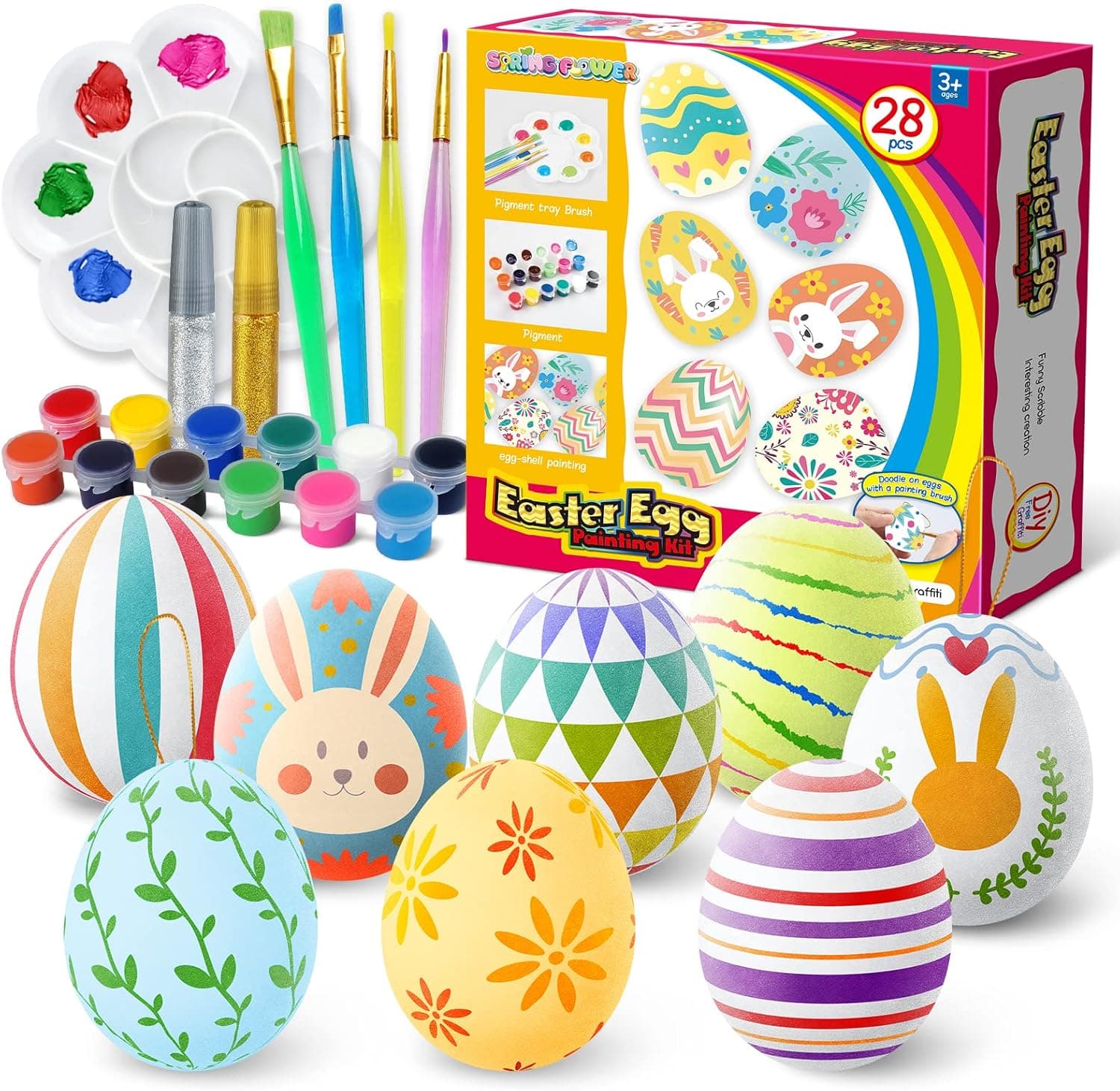 Easter White Eggs Painting Kit-Paintable Flocking Eggs with Doodle Kit for DIY Design-Hanging Flocking Eggs with Rope for Easter Decoration,Easter egg Hunts, Basket Fillers, Easter Gift,28PCS