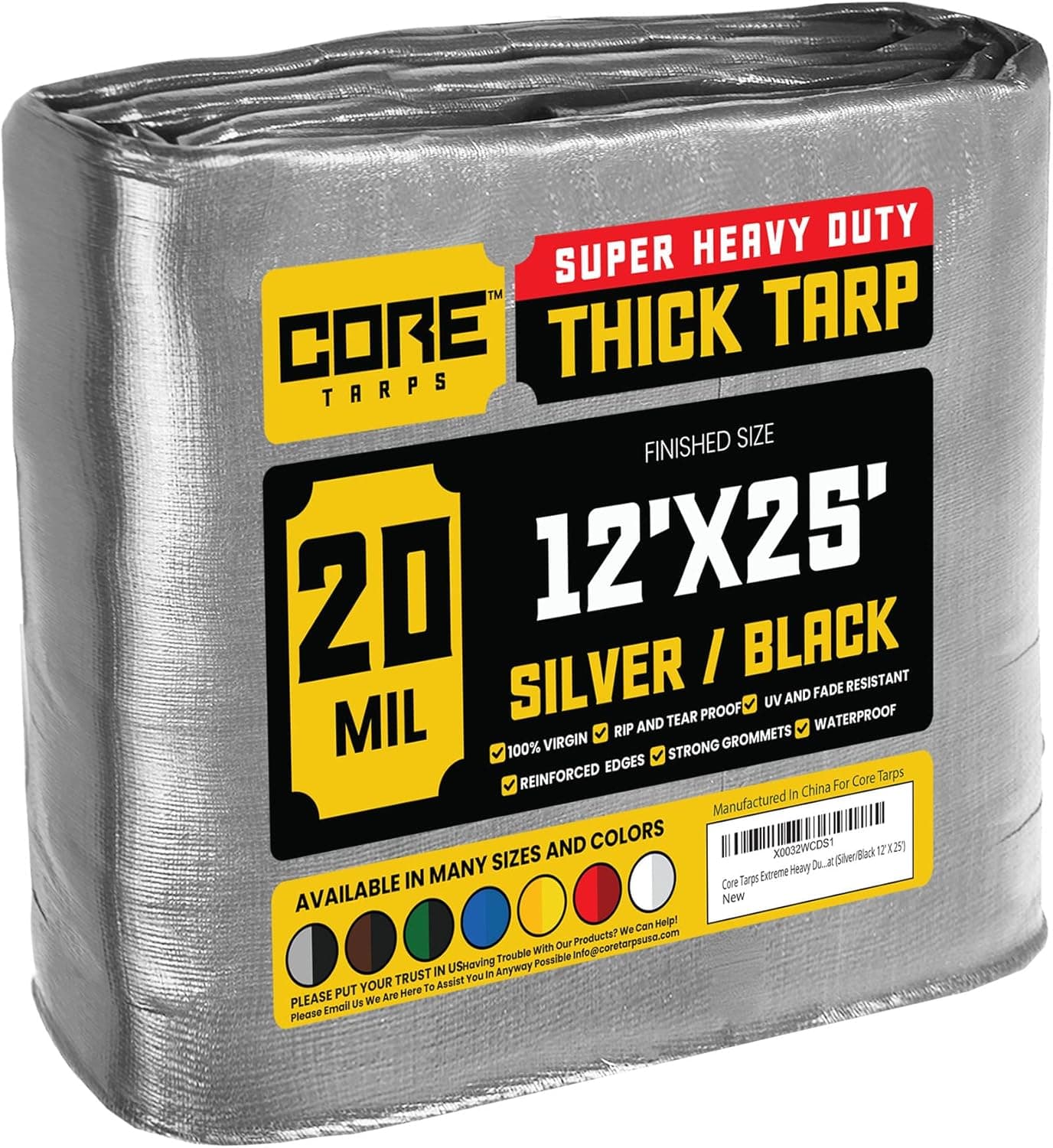 Core Tarps Extreme Heavy Duty 20 Mil Tarp Cover, Waterproof, UV Resistant, Rip and Tear Proof, Poly Tarpaulin with Reinforced Edges for Roof, Camping, Patio, Pool, Boat (Silver/Black 12′ X 25′)
