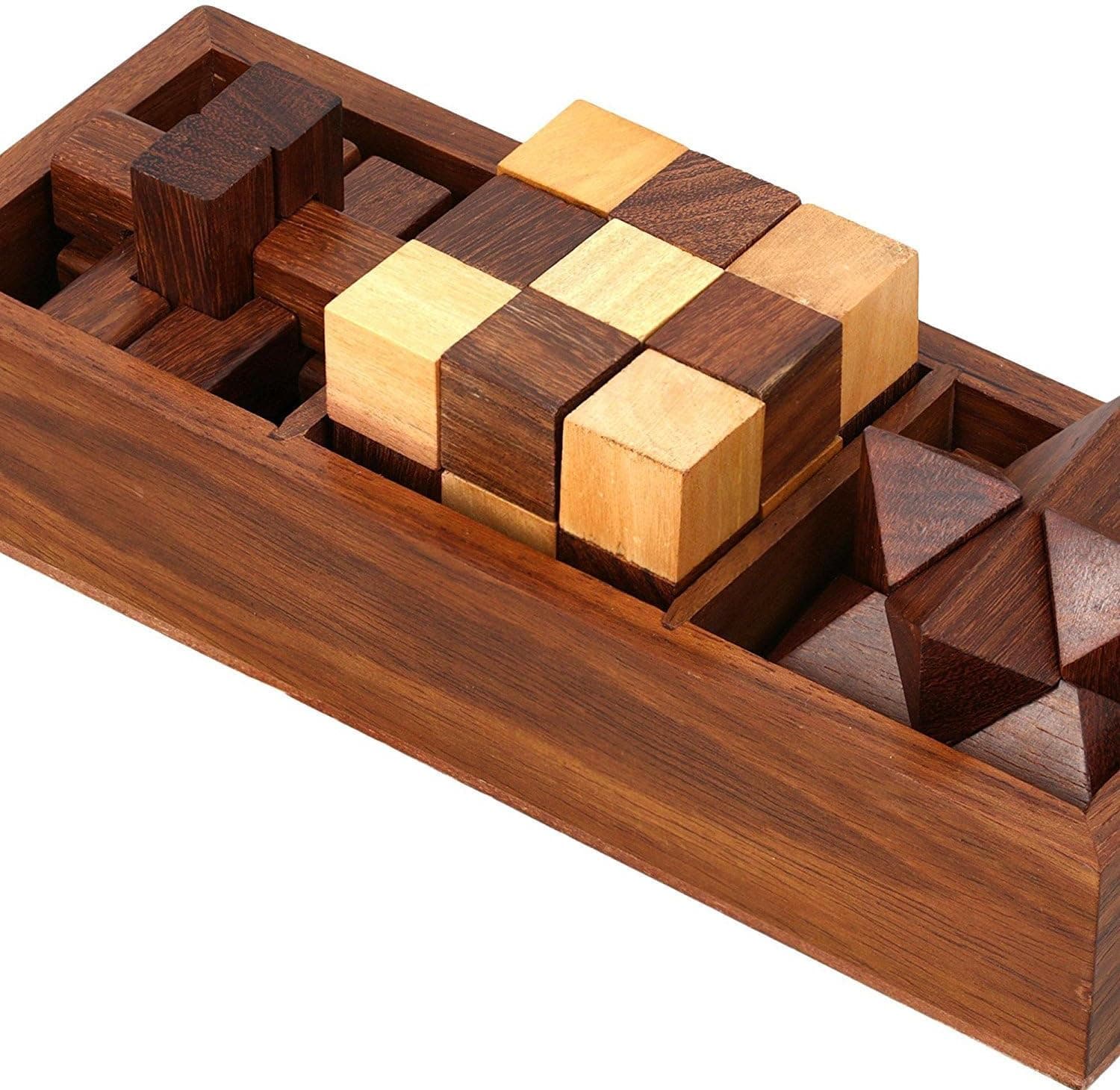 Hamee 3-in-One Wooden Puzzle Games Set - 3D Puzzles for Teens and Adults - Includes Wood Interlocking Blocks, Diagonal Burr, and Snake Cube with Storage Box