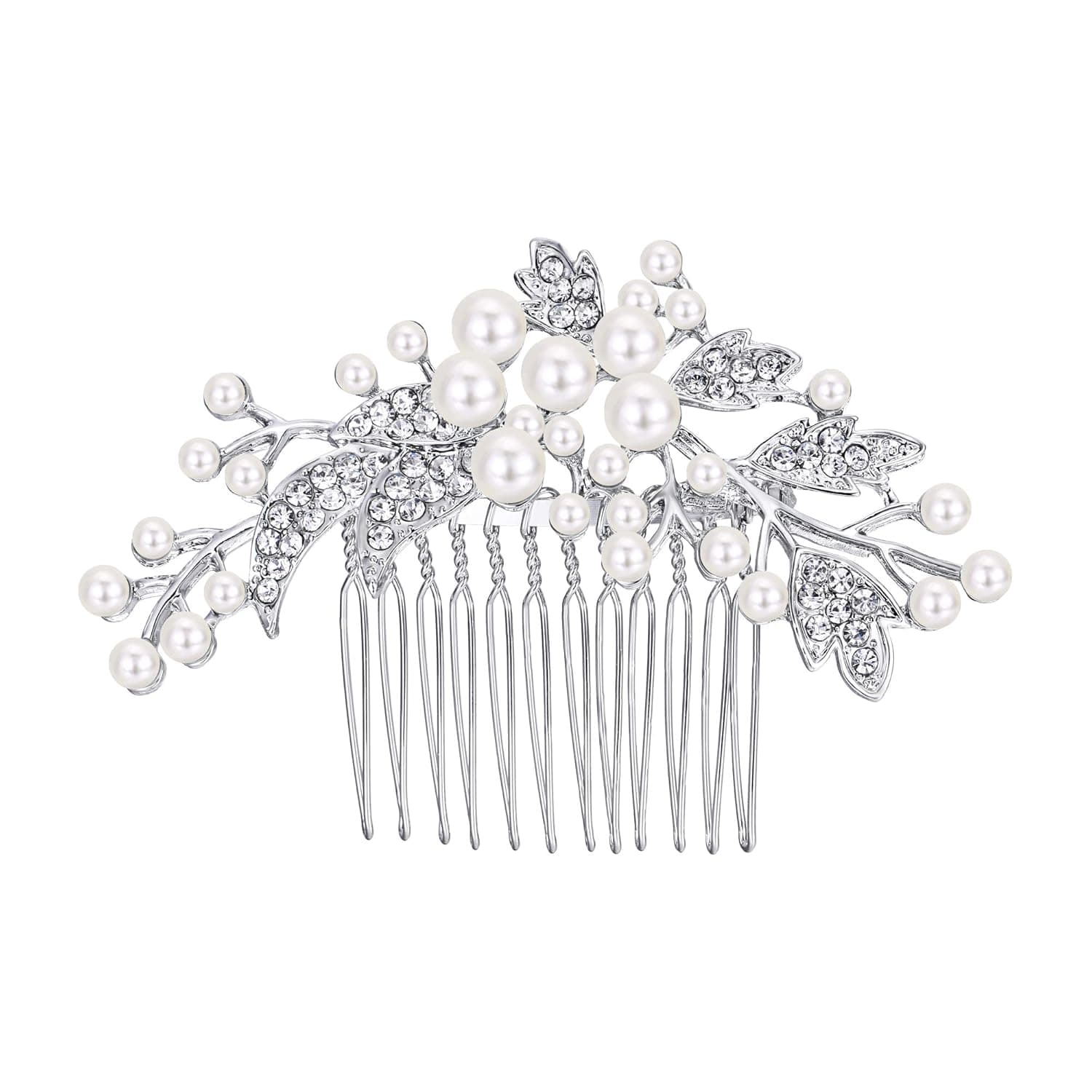EVER FAITH Wedding Hair Accessories Austrian Crystal Cream Simulated Pearl Floral Leaf Branch Bridal Hair Comb Clear Silver-Tone
