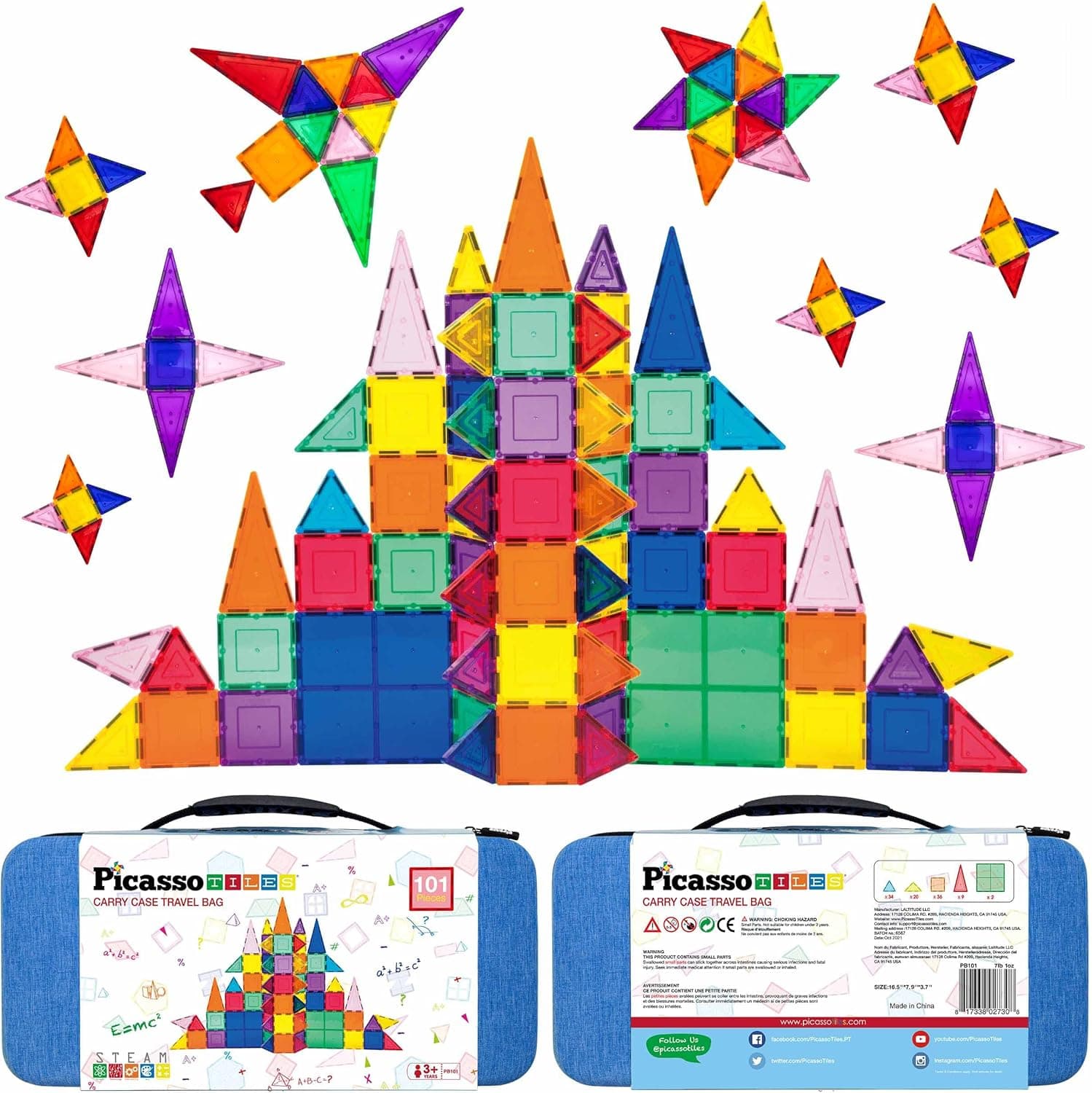 PicassoTiles 101pcs Magnetic Building Block Toy Set Magnet Tile Construction Blocks with Carry Case for Ages 3 and Up Educational Kit Child Brain Development Learning Playset in Portable Travel Tote