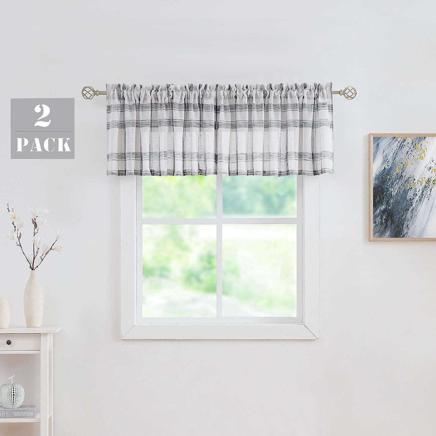 White Black Check Valance Curtain for Kitchen Linen Blend Semi Sheers Rod Pocket Rustic Farmhouse Style Window Treatment Drape for Living Room, 2 Panels, 54" x18"x2, Black/White