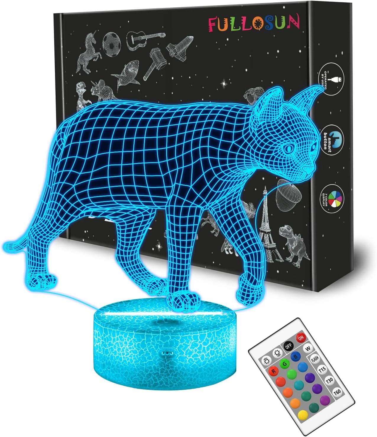 FULLOSUN Night Light for Kids Cat Kitty 3D Illusion Lamp with Remote Controller 16 Color Changing Xmas Halloween Birthday Gift for Child Baby Boy