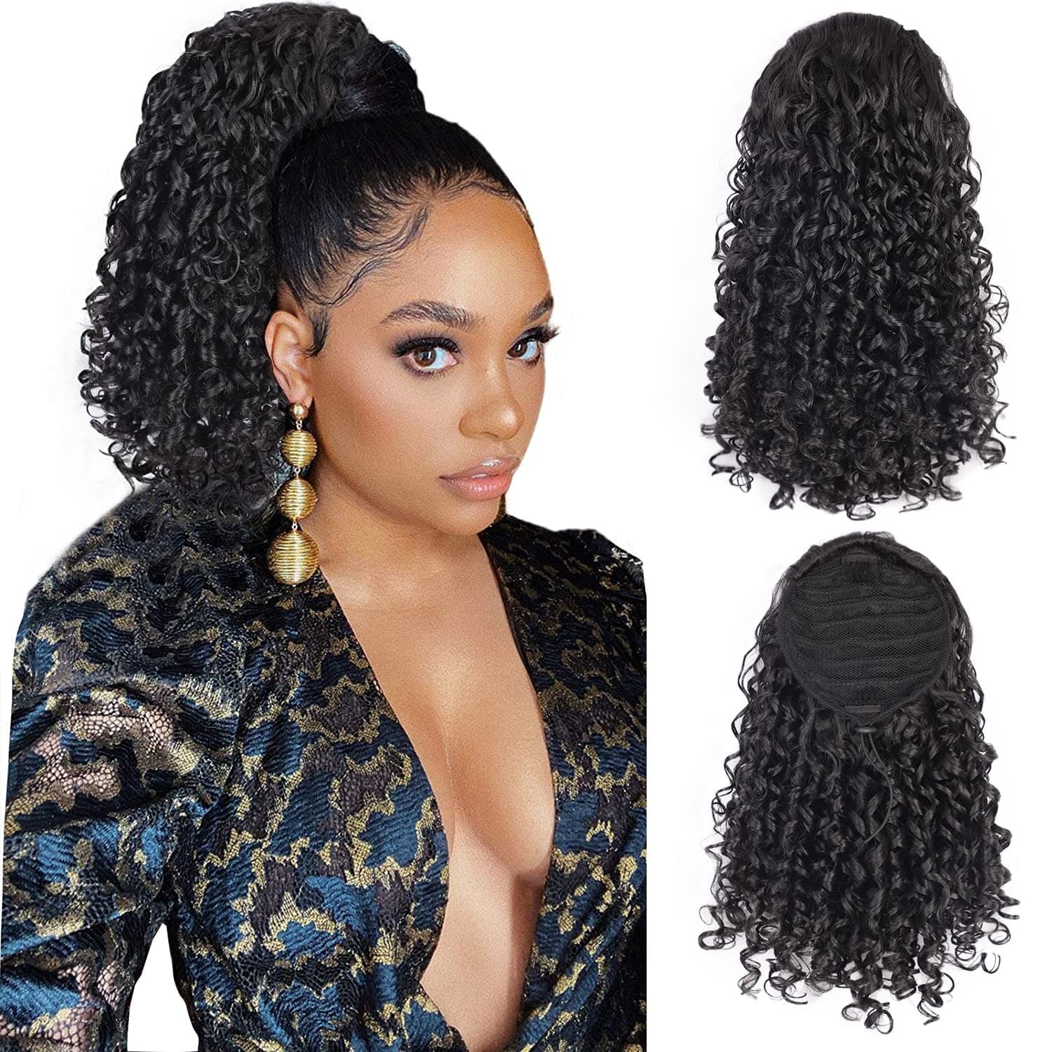 AISI BEAUTY Black Curly Ponytail Extension Drawstring Ponytails for Black Women Synthetic Hair Extensions Curly Ponytail with 2 Clips(Jet Black)