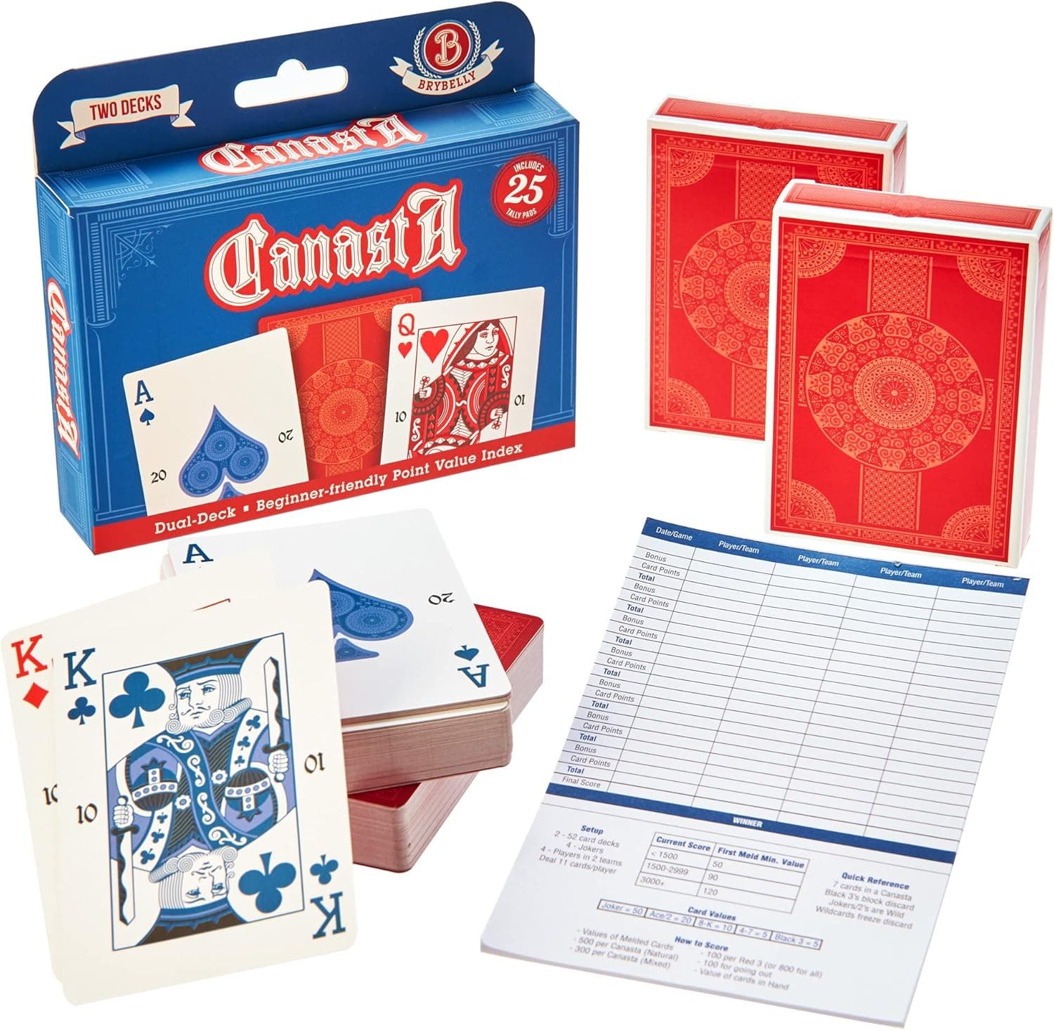 MBGBrybelly Starter Canasta Card Set | Melding Game, 2 Decks, 25 Scorekeeping Tally Pads | Classic Games for Family Game Night