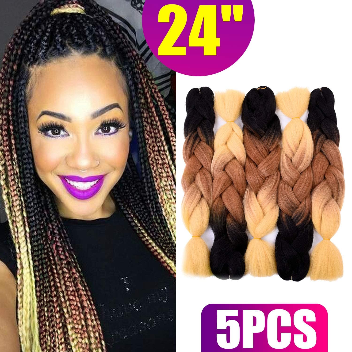 Silike Brown Jumbo Braid Crochet Hair (5 Pieces) 24'' Kanekalon Jumbo Braiding Hair Extensions For Girls (Black/Brown/Yellow)