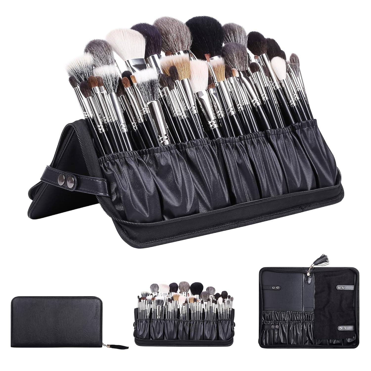 Rownyeon Professional Makeup Brushes Organizer Bag Makeup Artist Cosmetic Case Leather Makeup Handbag Black Travel Portable(Only Bag)