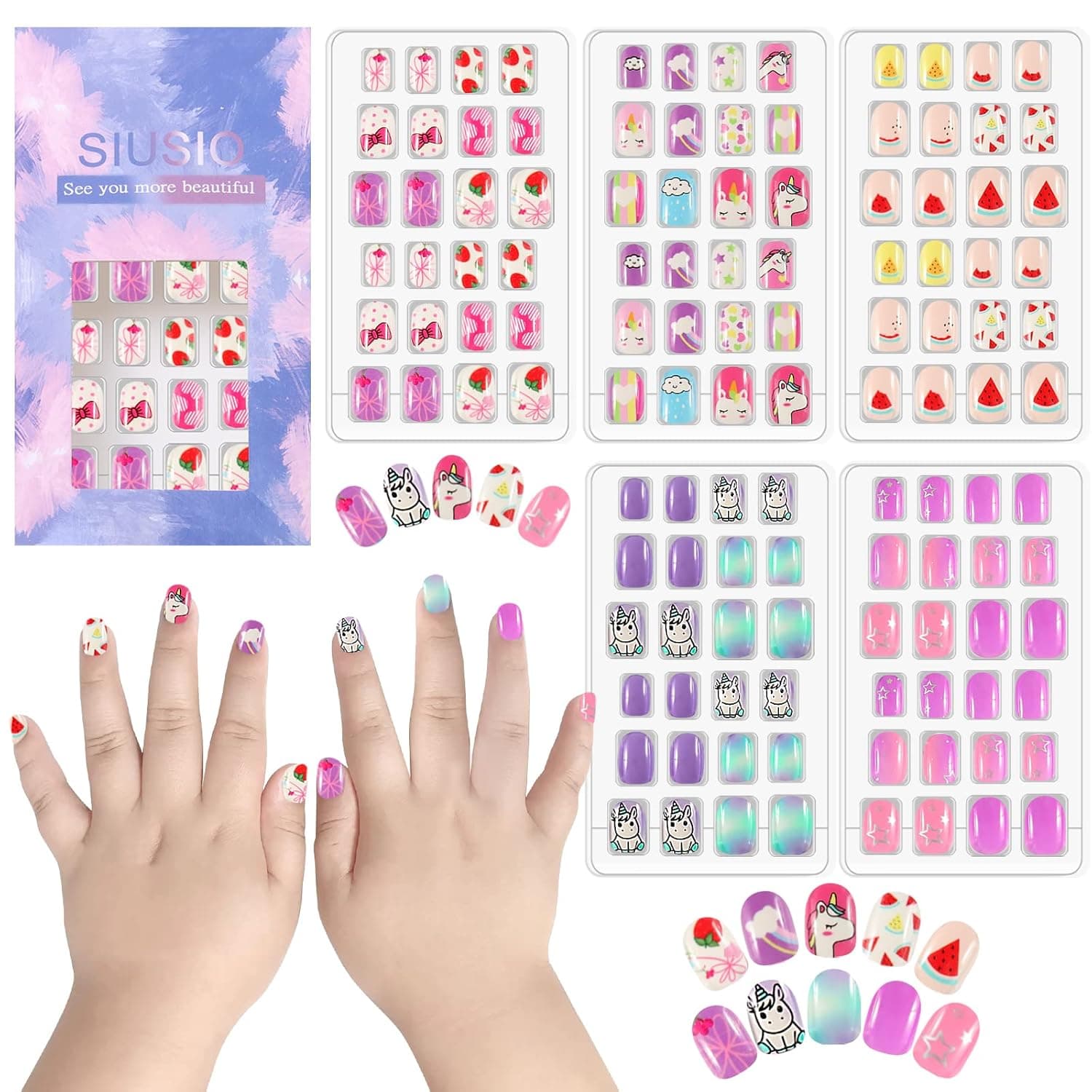 SIUSIO 120 Pcs 5 Pack Children Acrylic Fake Nails Press on Cute Pre-glue Full Cover Glitter Gradient Color Rainbow Short Kids Stick On False Nail Art Kits Set for Kids Little Girls - Cutie Unicorn Theme