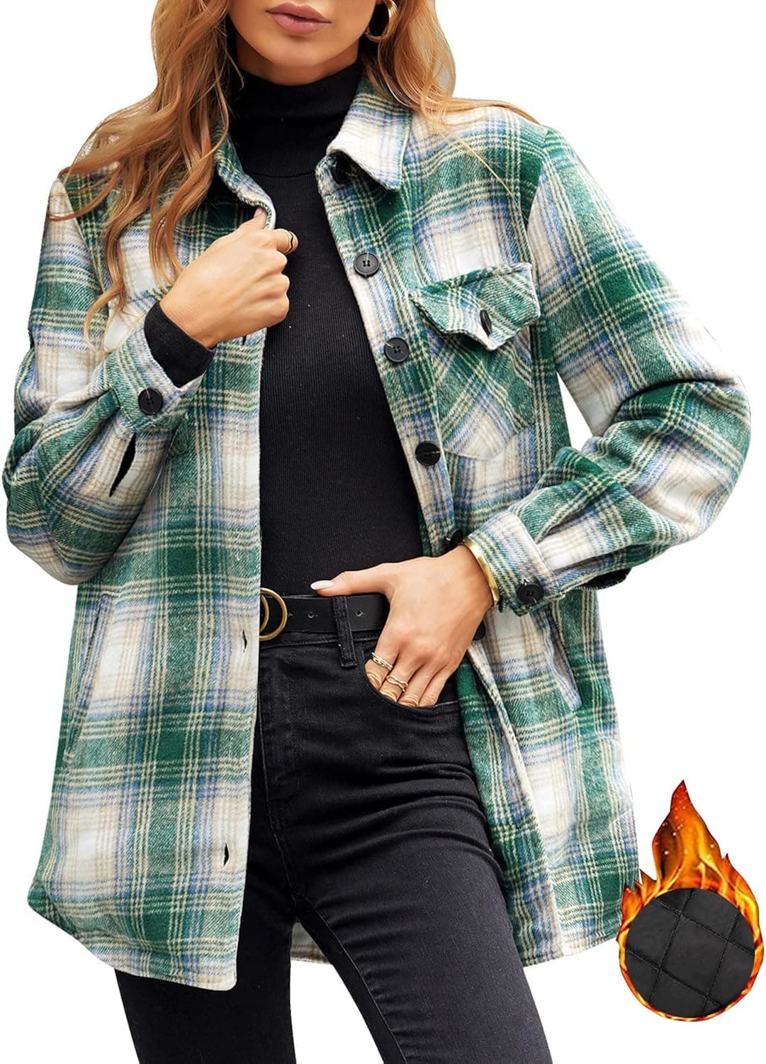 GRAPENT Women's Oversized Plaid Button Down Shirt Quilted Lined Shacket Jacket