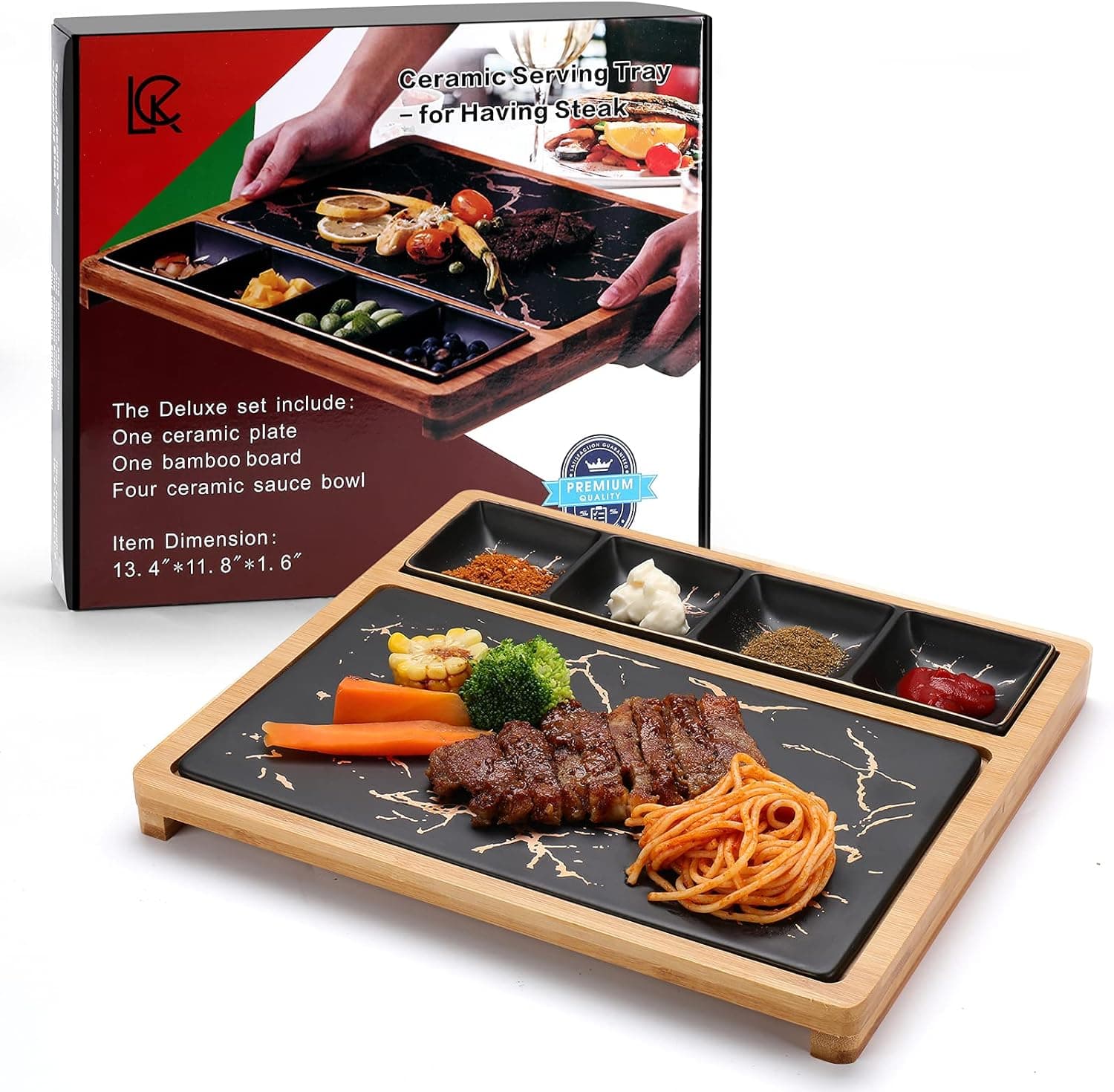 LCK Cheese Board with Black Ceramic Plate, Natural Bamboo Charcuterie Board and Cheese Serving Platter, Unique Handcrafted Design with 4 Ceramic Sauce Bowls