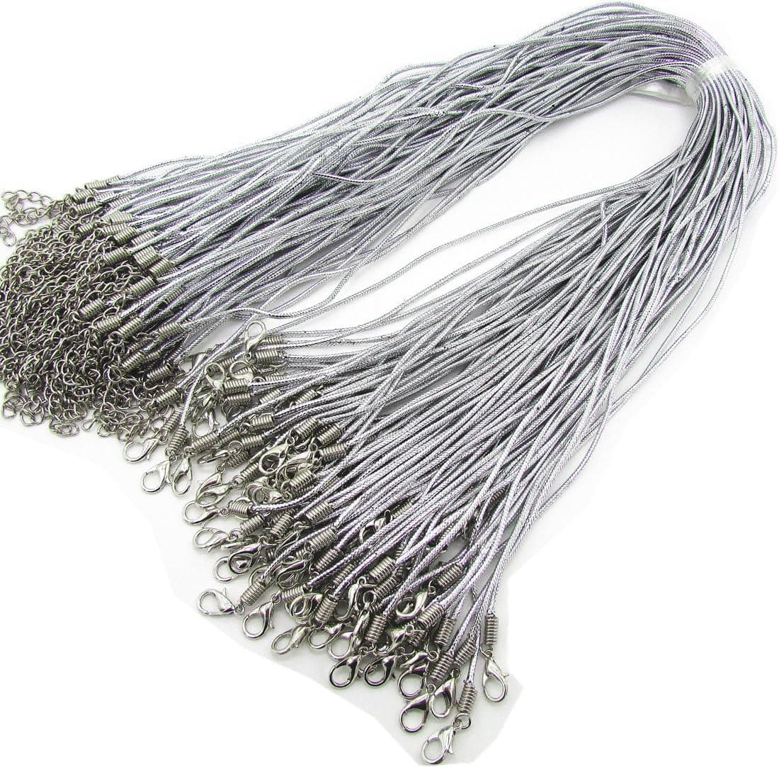 20Pcs Necklace Cord Non Stretch Gold Silver Jewelry Making Gift Wrap Ribbon Metallic Tinsel Cord Rope With Lobster Claw Clasp 18'' (Silver)