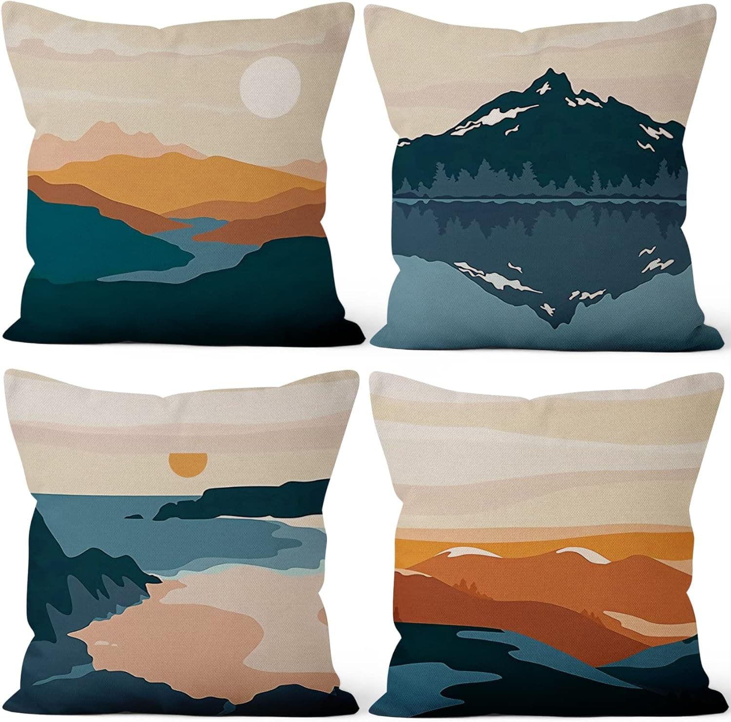 Abstract Boho Throw Pillow Covers 18x18 inch Set of 4 Mid Century Modern Decorative Accent Throw Pillows Mountain Nature Landscape Aesthetic Cushion Case for Couch Sofa Bed Outdoor Home Decor