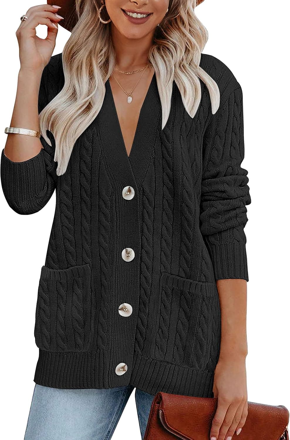 MEROKEETY Women's Long Sleeve Cable Knit Button Cardigan Sweater Open Front Outwear Coat with Pockets