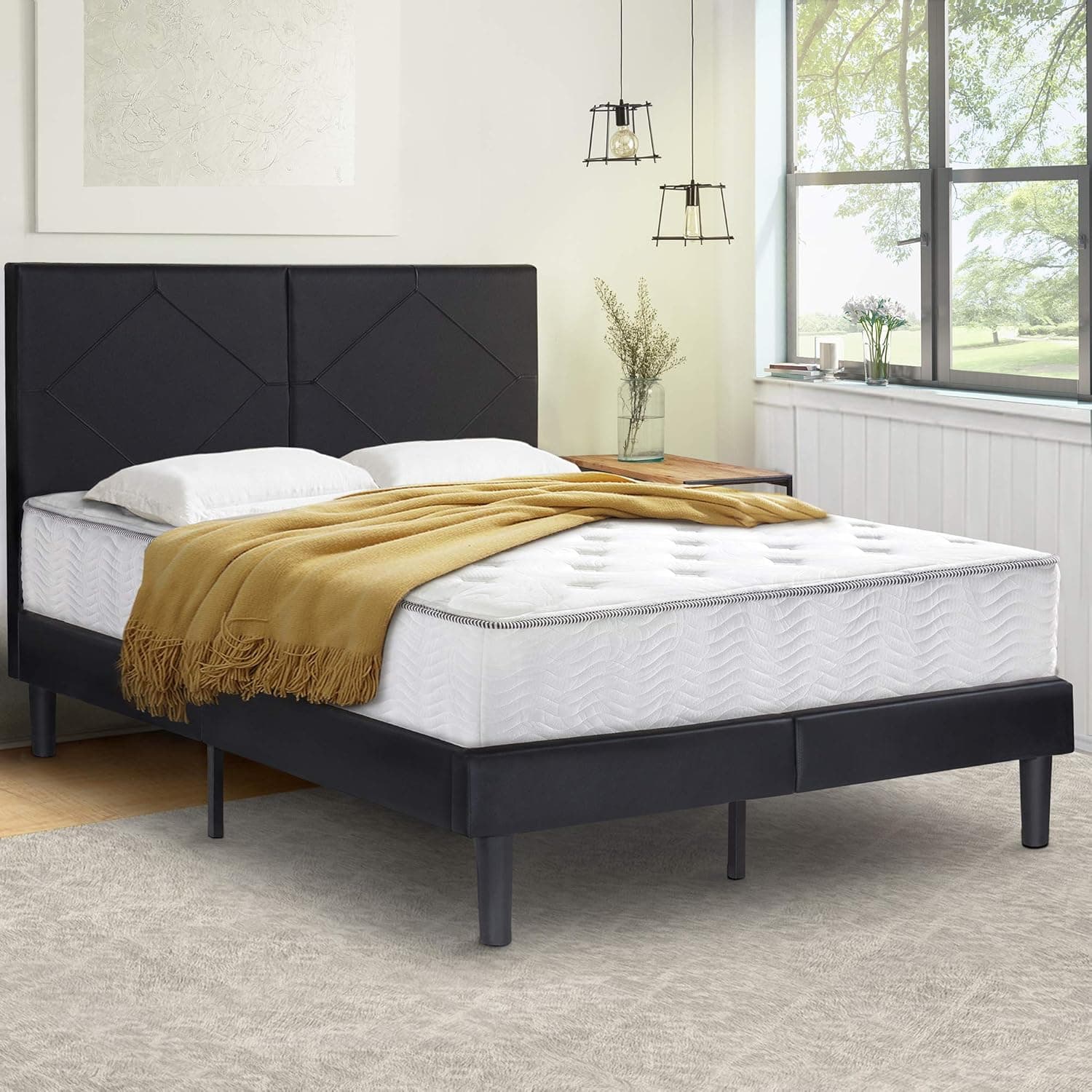 Olee Sleep 14 Inch Dura Metal Faux Leather Wood Slate Bed Frame Diamond Queen 14PB01Q