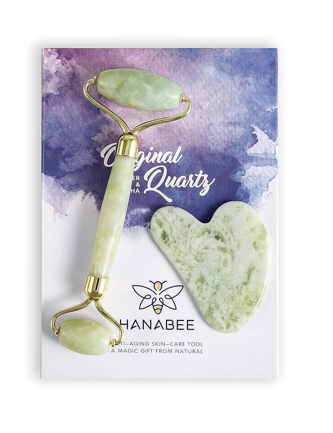 HANABEE Gua Sha Facial Massage Tools,Rose Quartz Face Roller,Jade Roller for Face,Beauty Face Massager,Eye Massager,Reduce Wrinkles,Lymphatic Drainage,Face Lift (Light Green Jade)