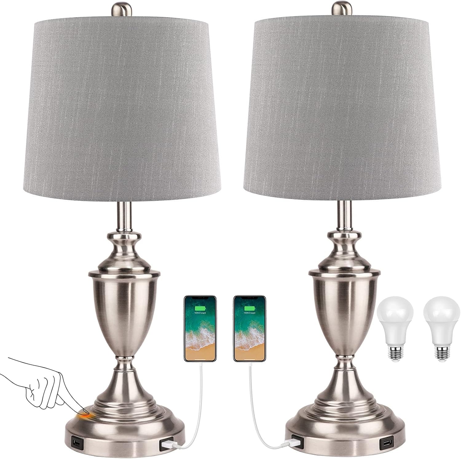 Touch Control Table Lamp Set of 2, 3-Way Dimmable Bedside Lamps with 2 USB Ports, Modern Nickel Finish Large Nightstand Desk Lamps for Bedroom Living Room Hotel Guest Room, 2 LED Bulbs Included