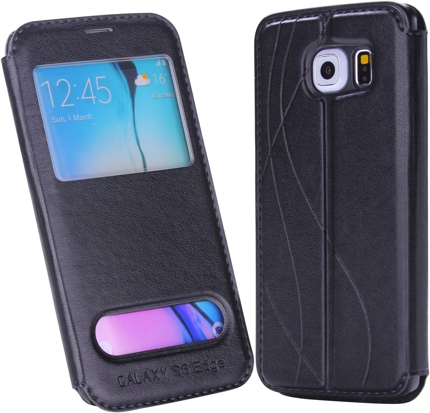 Galaxy S6 Edge Case,7Felicity Stand Function Leather Flip Window View case for Samsung Galaxy S6 Edge[Book Fold] - Luxury Style,Great Grip,Anti Slip - Leather Galaxy S6 Edge Cover with Foldable Stand [Flip Cover] - Pure Color Elegant Case in retail packaging(7FS6EG-01) (Black)