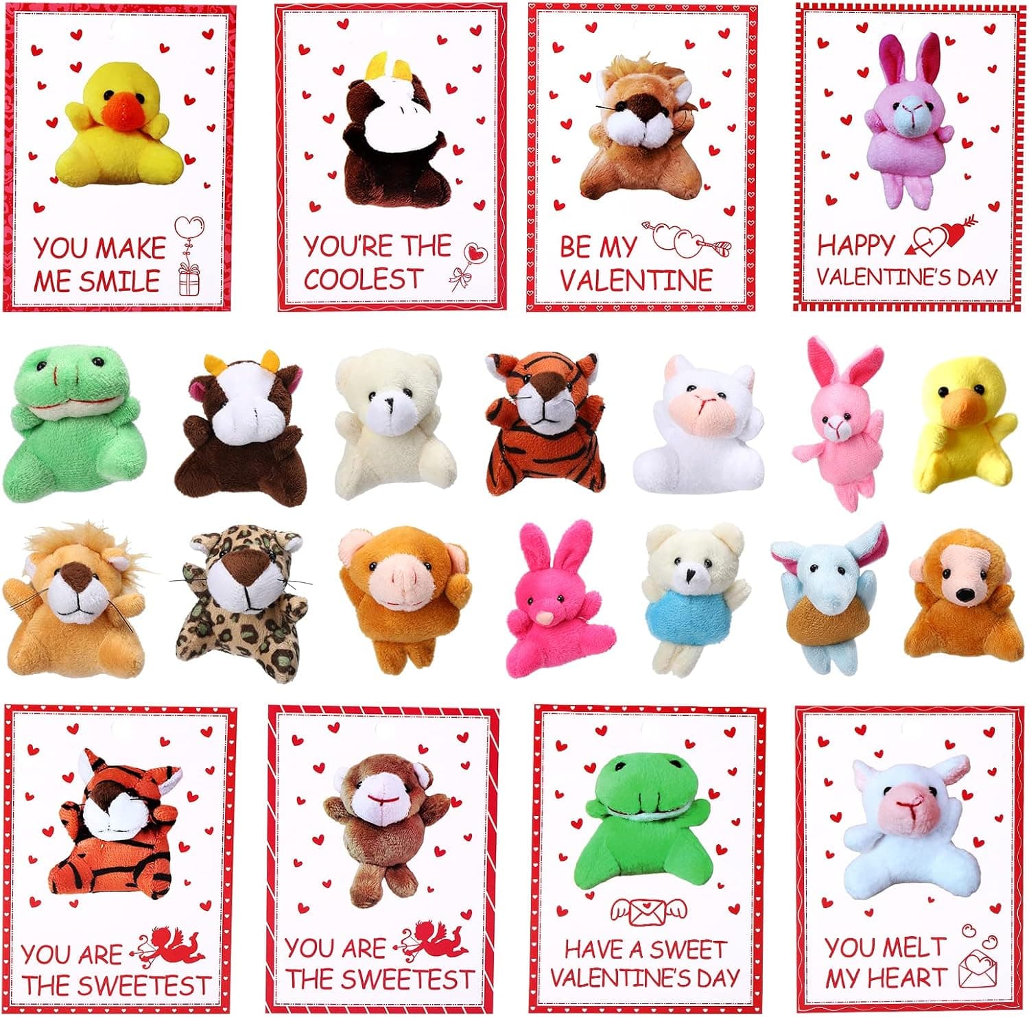 28 Pack Valentines Day Gifts Cards for Kids with Animal Plush Toy Key Chain, Valentines Mini Keychains in Bulk, Valentine Exchange for Toddlers Girls Boys School Class Classroom Party Favors