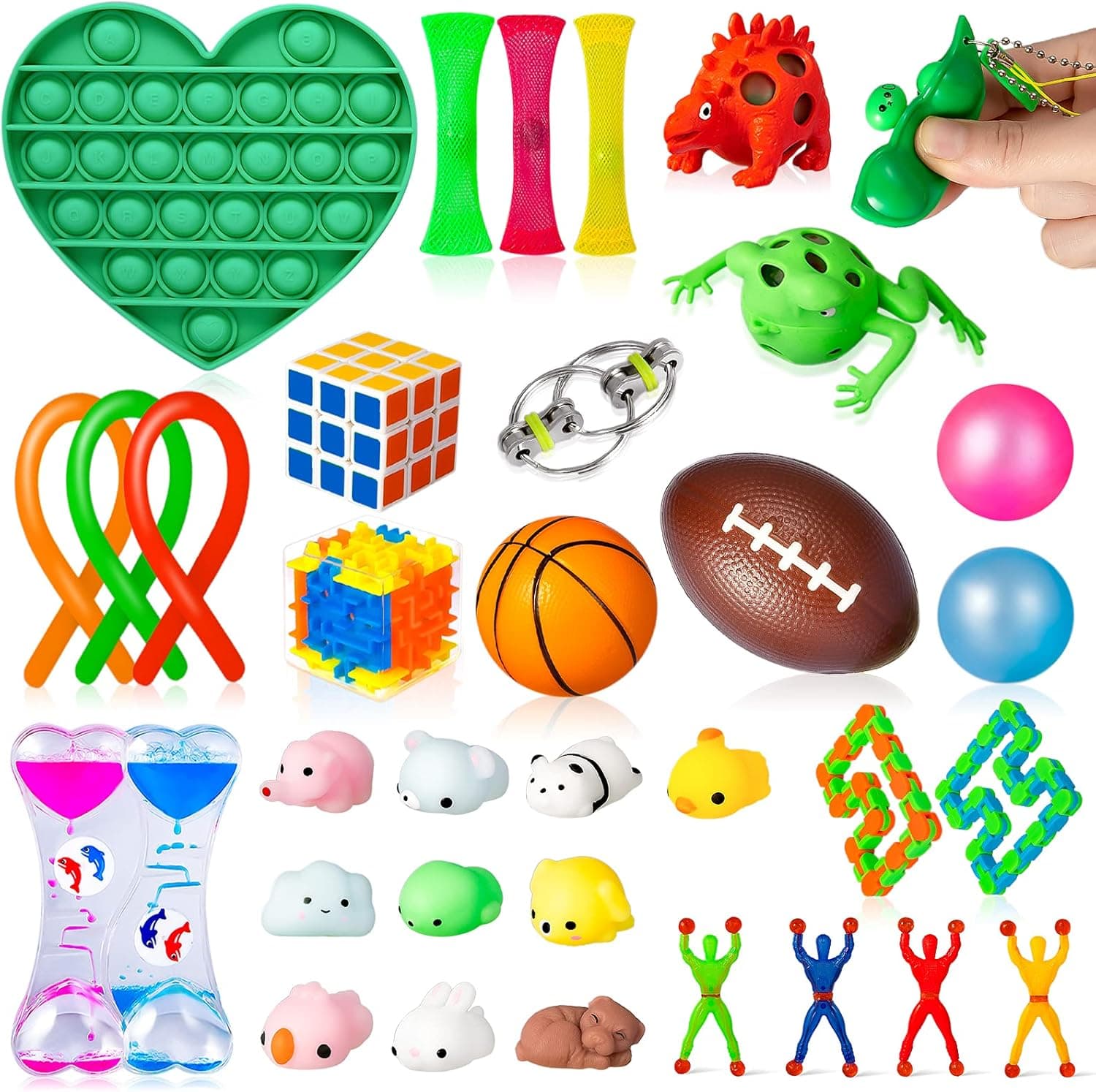 34 Pack Sensory Fidget Toys Set, Relieves Stress and Anxiety Fidget Toy for Kids Adult Children with Liquid Motion Timer, Mesh and Marble, Squeeze Balls, Soybean Squeeze, Flippy Bike Chain & More