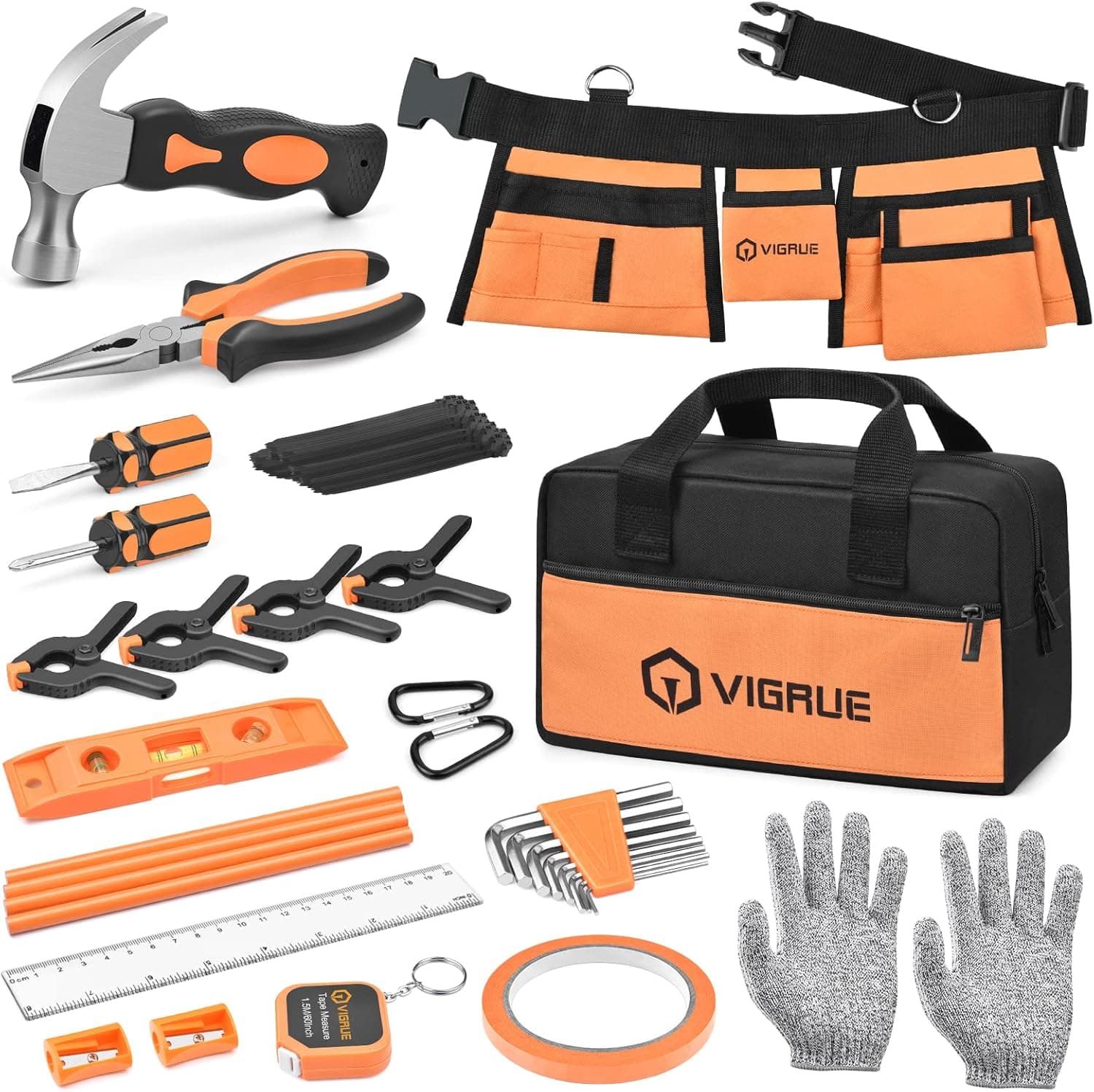 VIGRUE Kids Tool Set, Children Gift Present Real Hand Tools Kit with Belt and Bag, Boy Builder Small Learning Accessories Construction Hammer Screwdriver for Home DIY Woodworking