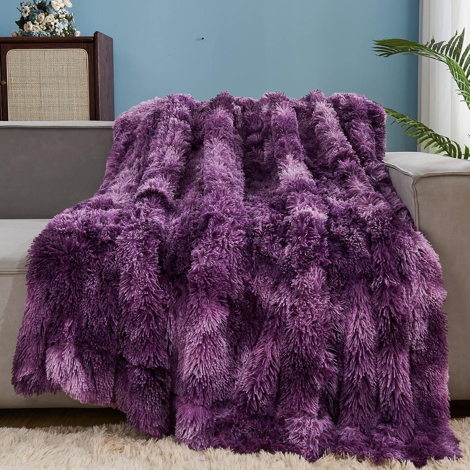 GONAAP Faux Fur Throw Blanket Super Soft Cozy Plush Fuzzy Shaggy Blanket for Couch Sofa Bed (Tie-dye Violet Purple, Throw(50"x60"))
