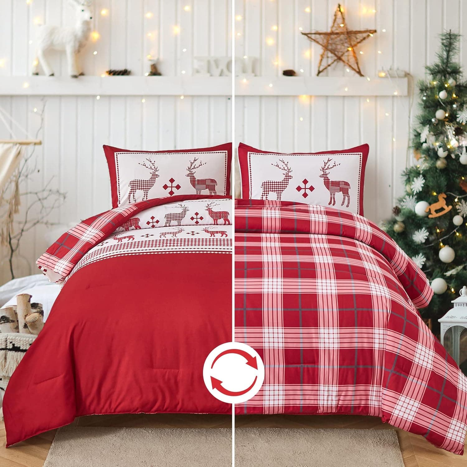 Dinjoy Christmas Comforter Set King Size, Reindeer Snowflake Red White Plaid Printed Pattern Bedding Set 3 Pieces, Soft Microfiber Xmas Holiday New Year Gift Bed Comforter 104" x 90"