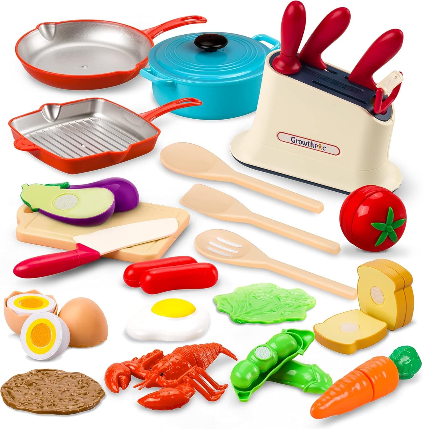 GrowthPic Cookware Play Kitchen Accessories for Kids, Toy Pots and Pans with Cooking Utensils Kitchen Set, Cutting Play Food Toys for Toddler Kids Boys Girls