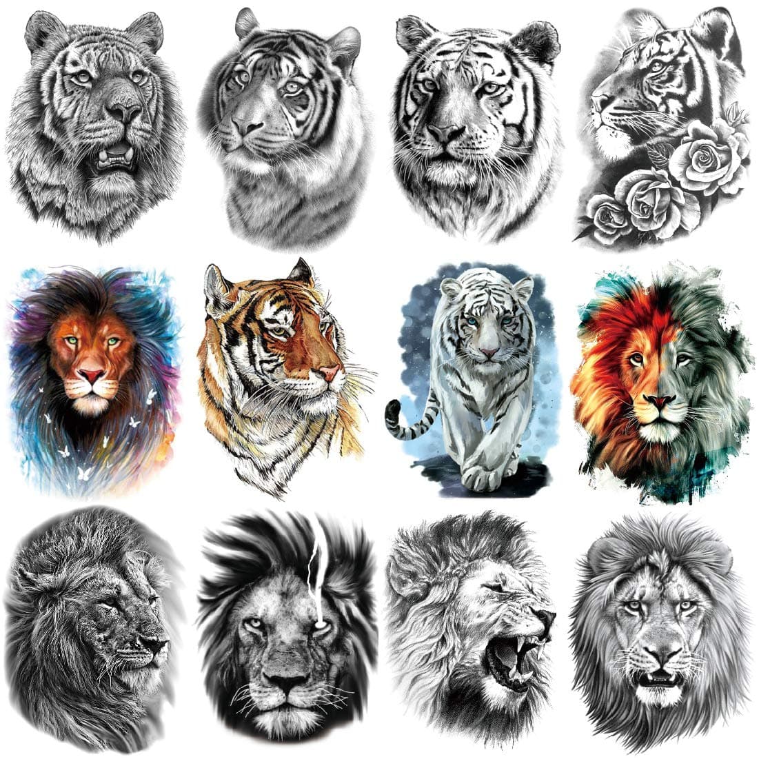 YAKAGO 22 Sheets Large Tiger Lion Temporary Tattoos For Men Guys Adults, Fake Body|Arm|Shoulder|Chest Skull Snake temporary Tattoo stickers