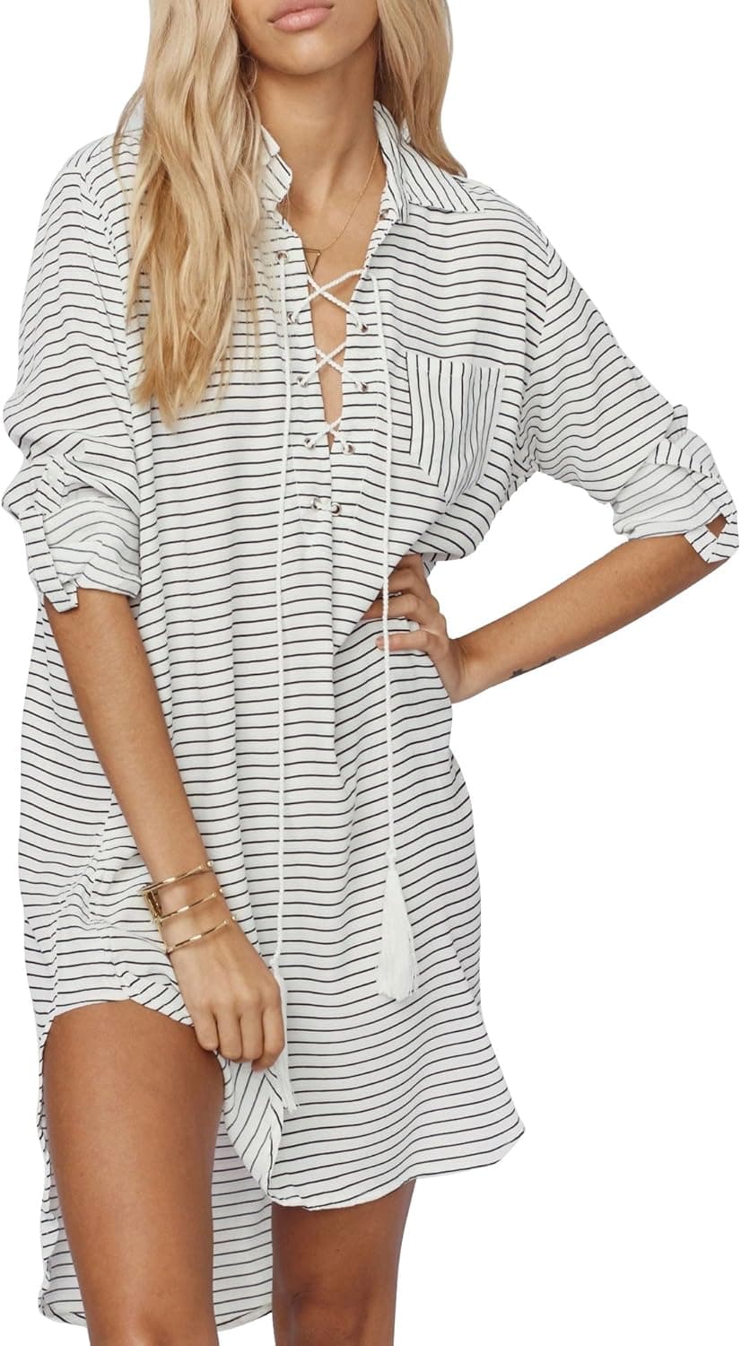 Jeasona Women's Striped Long Sleeves Beach Dress Swimsuit Bathing Suit Cover Up