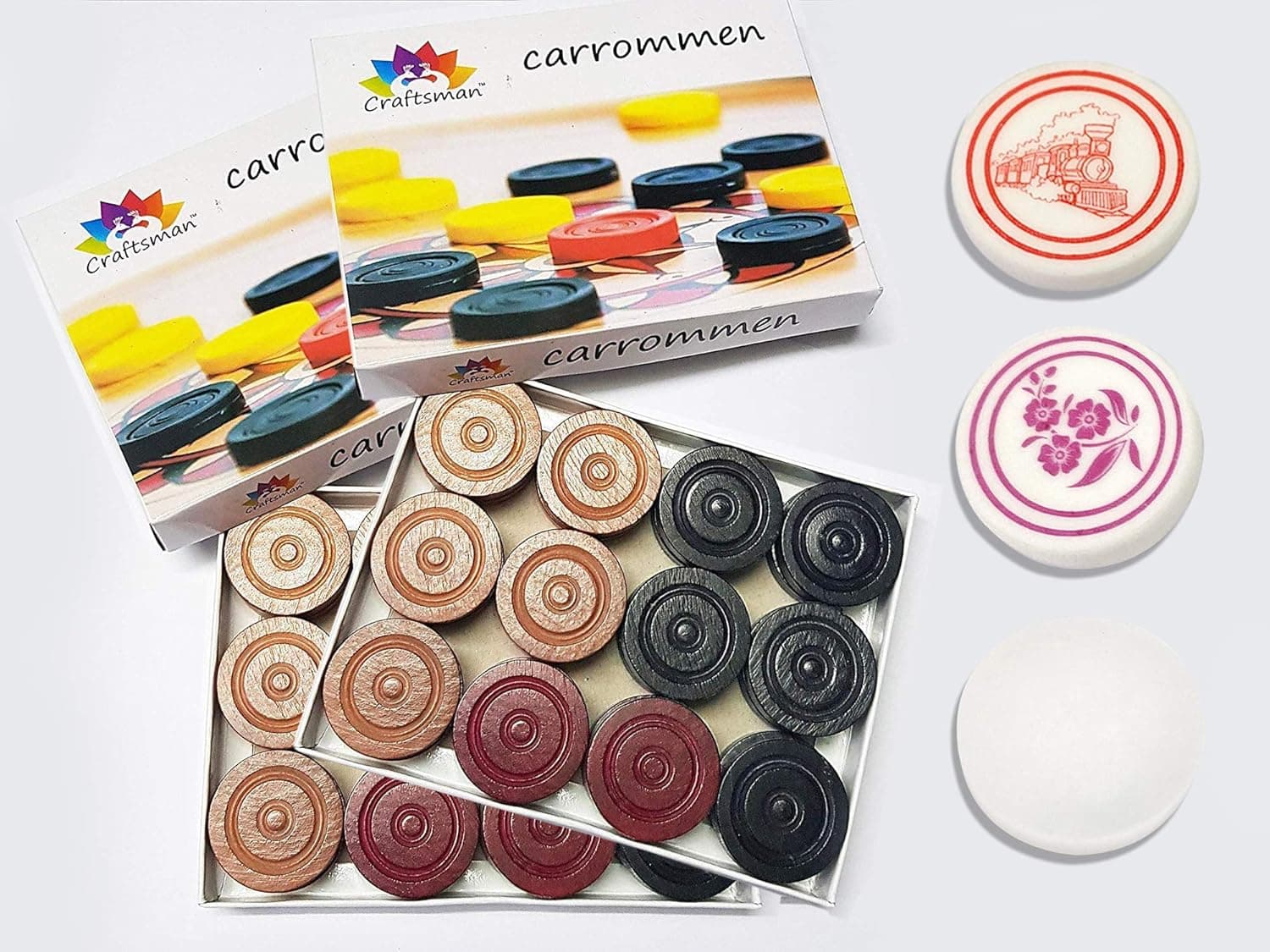 Craftsman Carrom Coin Set of 24 Coins Sheesham Wood Champion Carrom Coins + Striker (2 Pack + 3 Striker)