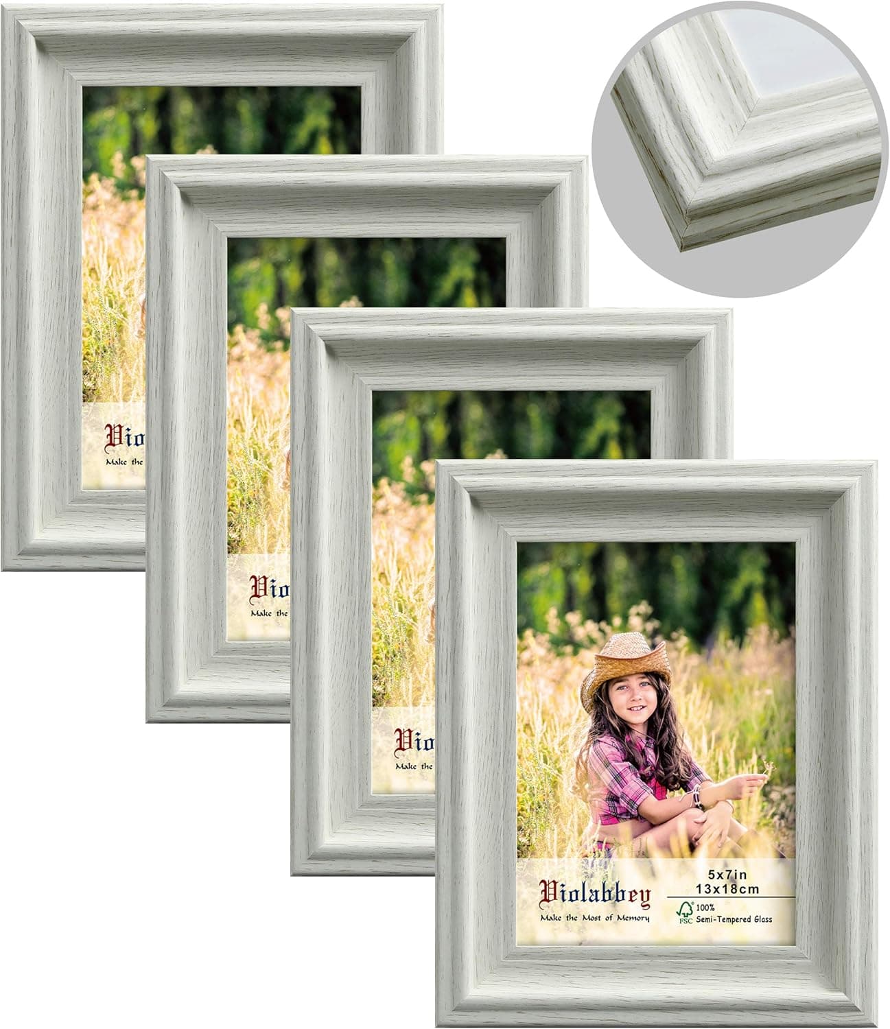 VIOLABBEY 5x7 White Picture Frames, Rustic Distressed 5 by 7 Inch Photo Frames, High Definition Tempered Glass, Wall Mounted and Tabletop Display(set of 4)