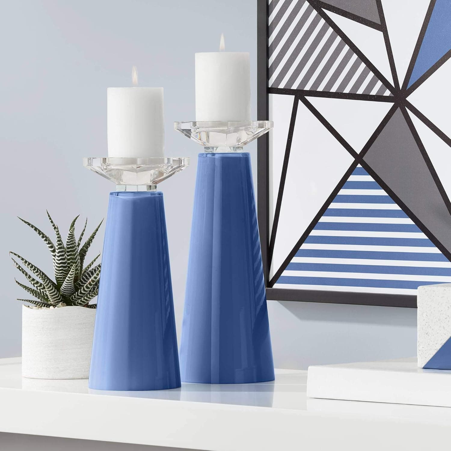 Color + Plus Meghan Monaco Blue Glass Pillar Candle Holders Set of 2