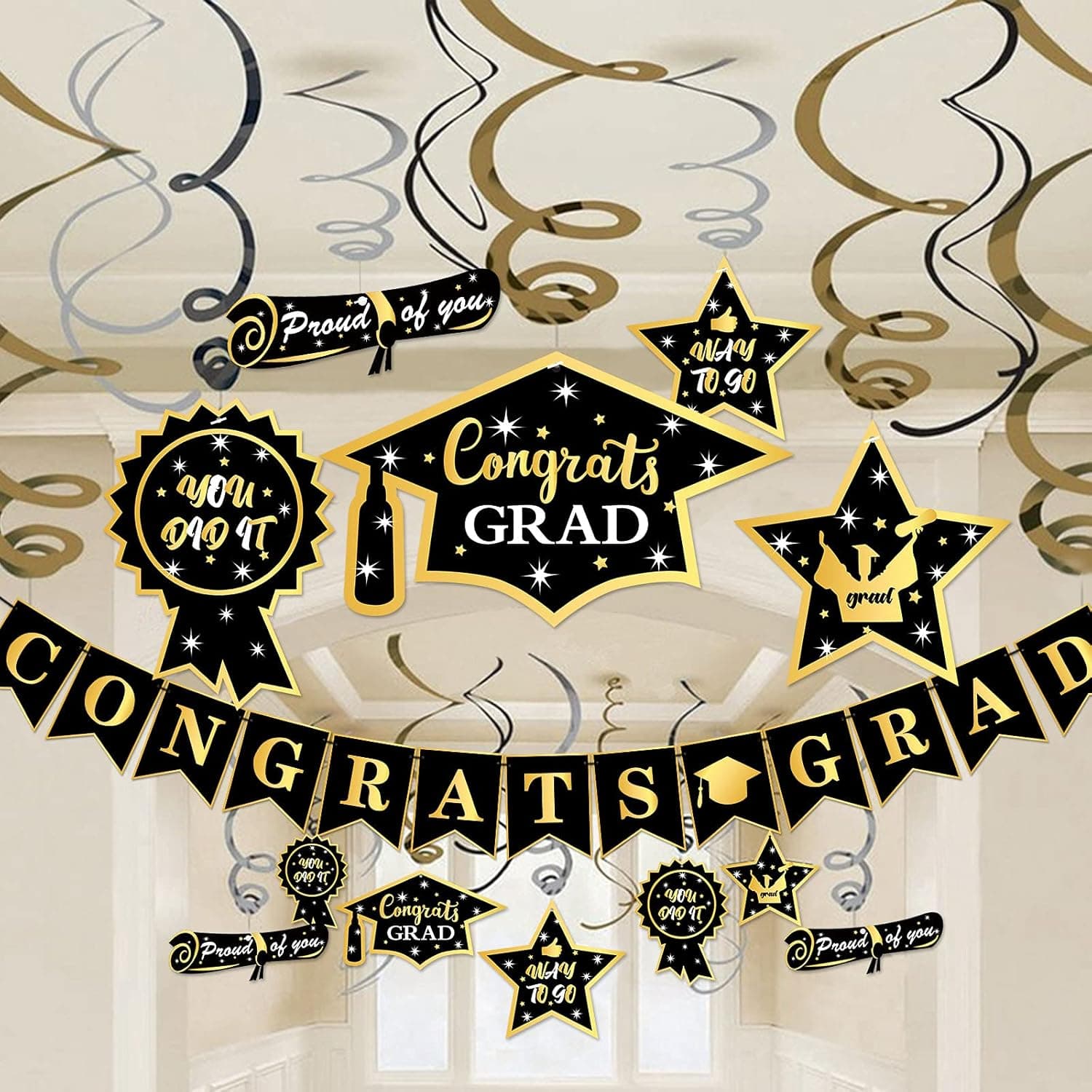 Graduation Hanging Swirl Banner Decorations Black Gold Star Banner Garland Party Supplies
