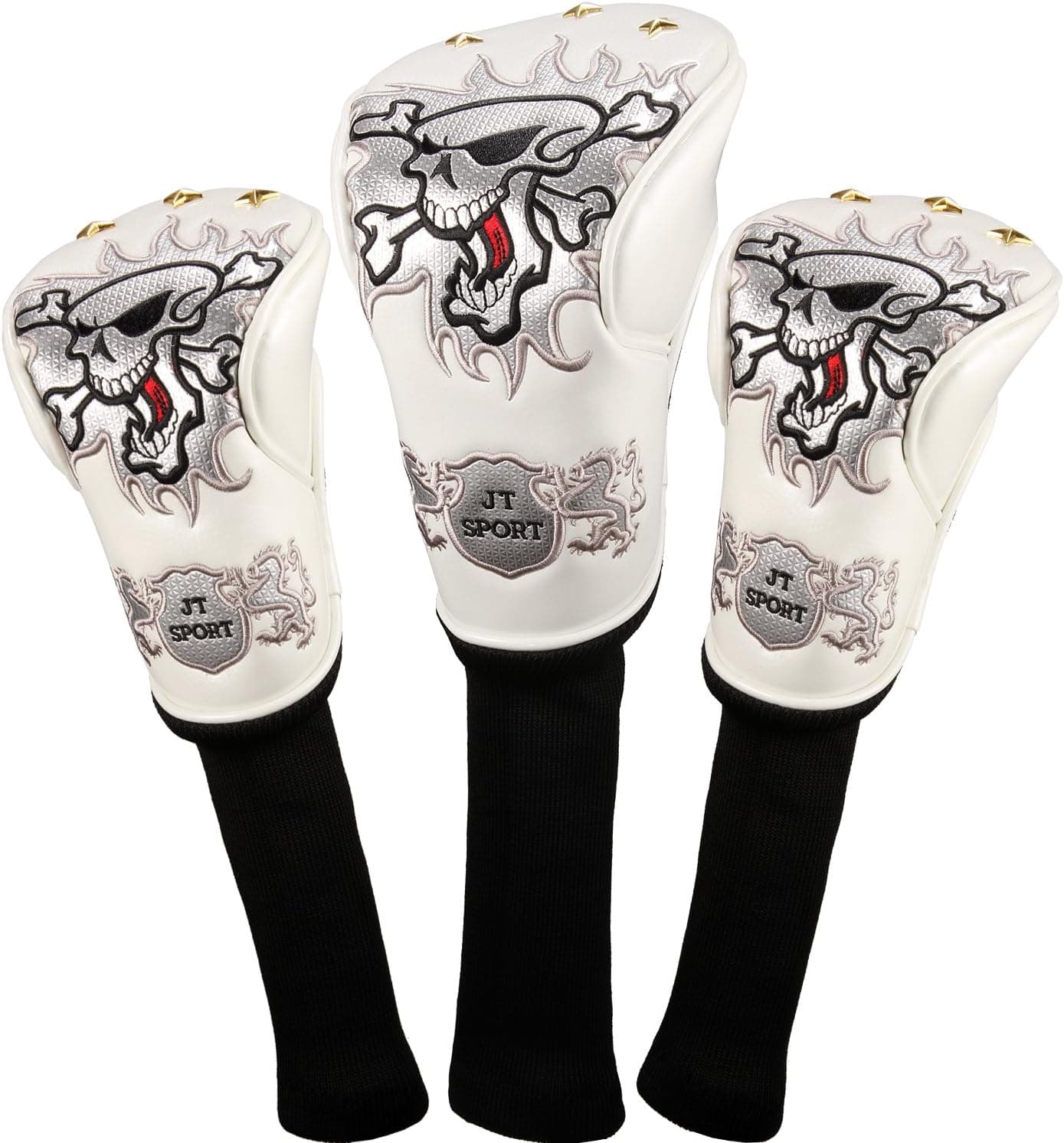 Crtystal Leather Skull Head Embroidery Style Golf Club Headcover Set Protector (3pcs/Set White Cover)