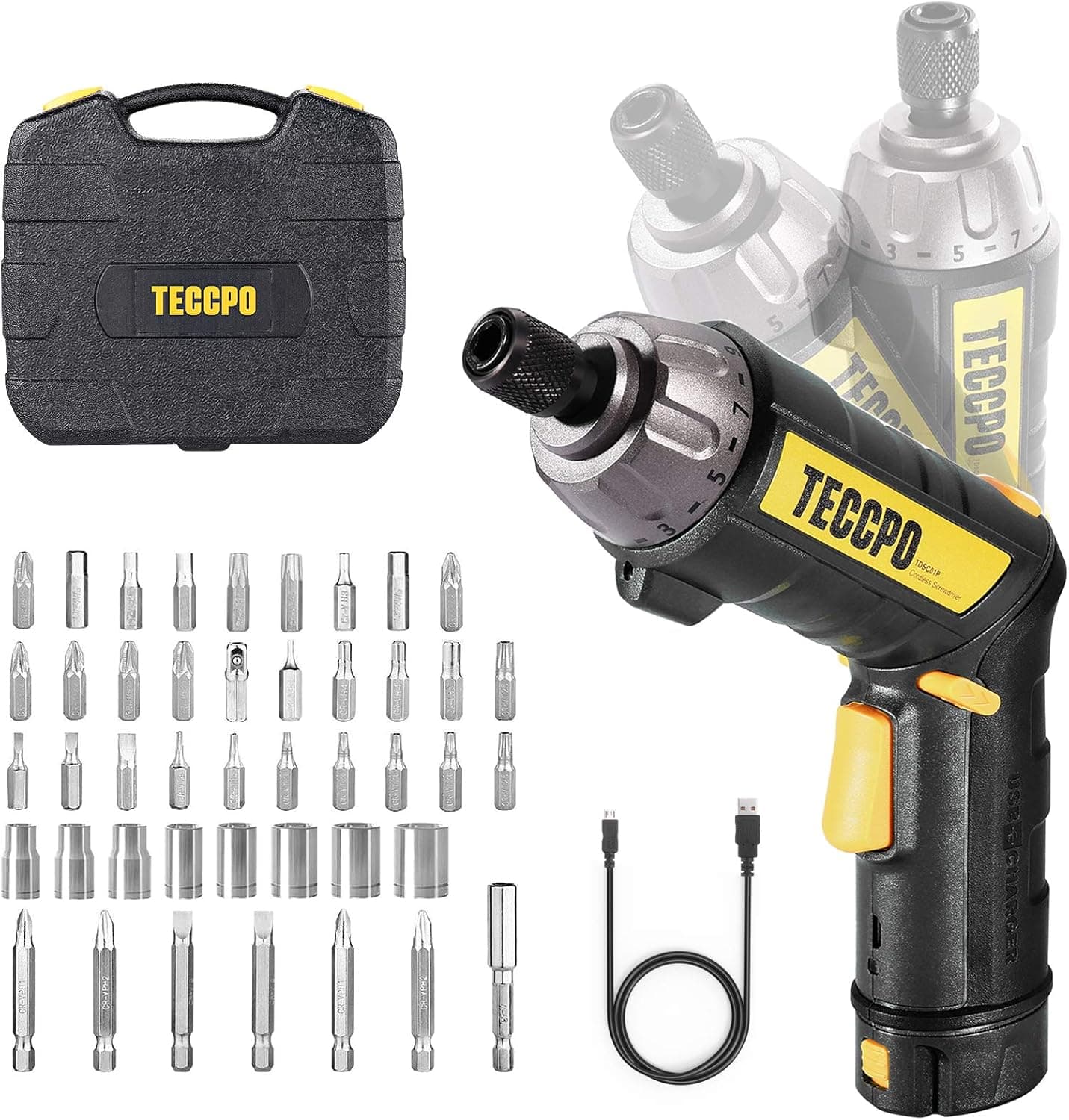 Electric Screwdriver, 6Nm, 45PCS Accessories, 9+1 Torque Gears, 1/4'' Hex Quick Change, Self-lock Chuck, Cordless Screwdriver, 4V 2000mAh Li-ion, Adjustable 2 Position Handle with 2 LED - Black