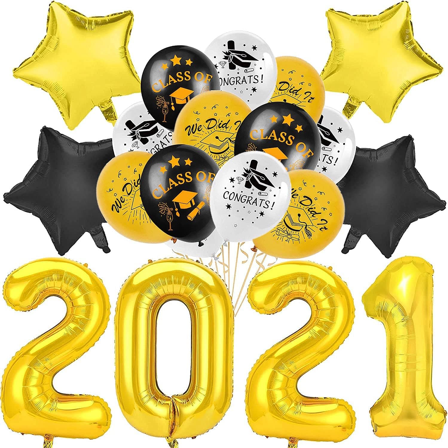 Graduation Decorations 2021 Party Supplies,40 Inches Gold 2021 Foil Balloons,Black and Gold Latex Balloons, Star Mylar Balloons for Graduation Decorations 2021 Party Supplies