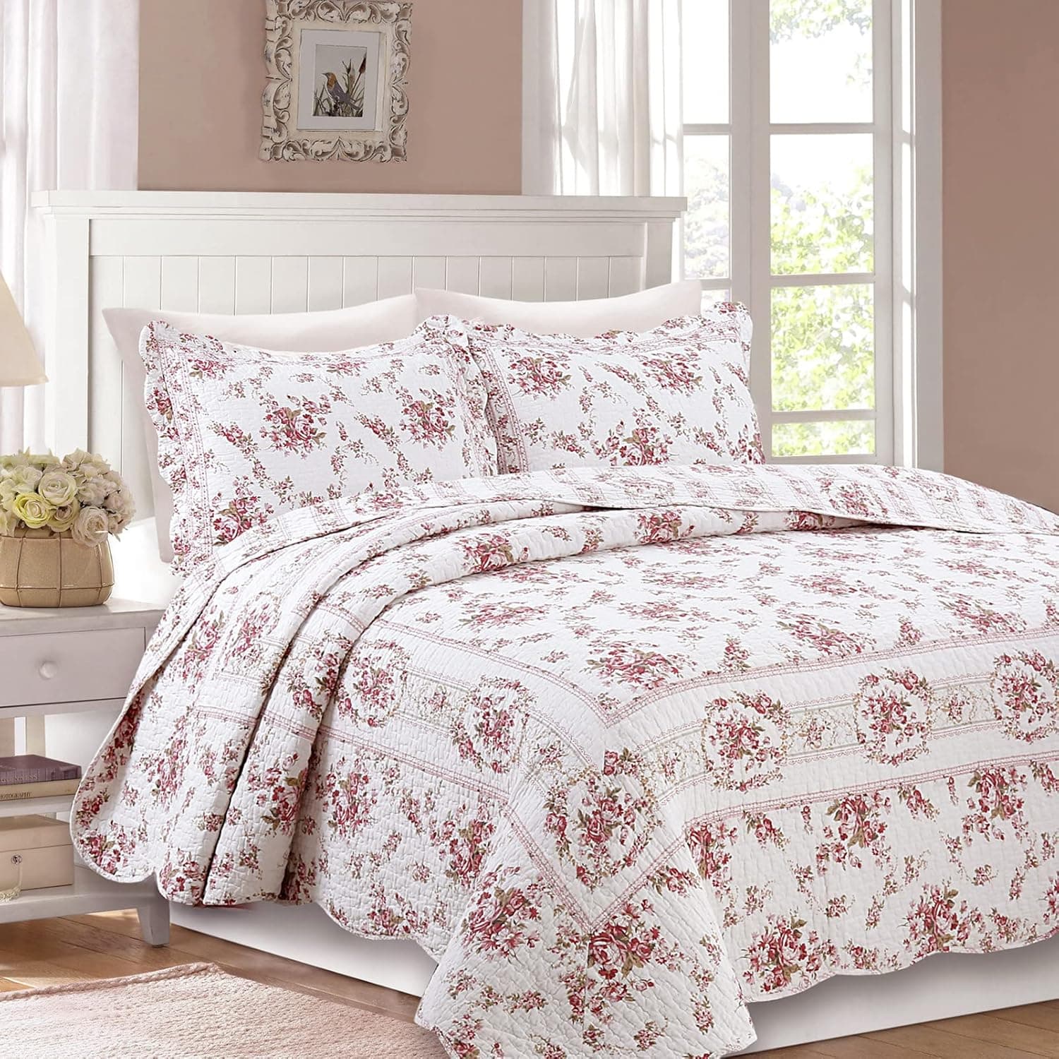 Cozy Line Home Fashions Size 2 Piece Shabby Chic Vintage Cotton Quilt Set, Twin, White, Rose Pink