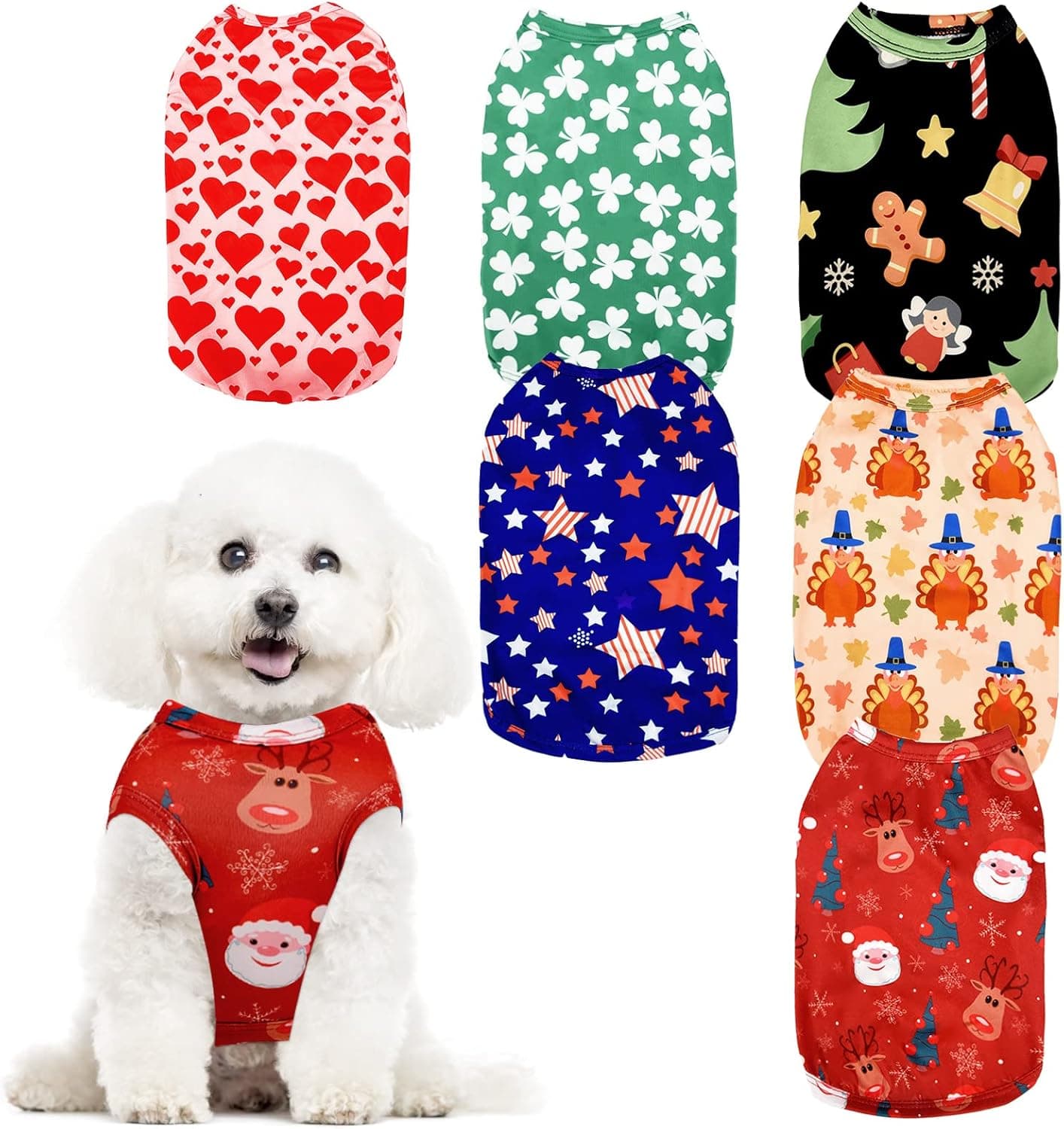 FANKUTOYS 6 Pieces Dog Shirt Holiday Pet Vest Shirt Apparel Festival Puppy Dog Cute T-Shirt Clothes for Pet Christmas Valentine's Day Irish Independence Day(Large)