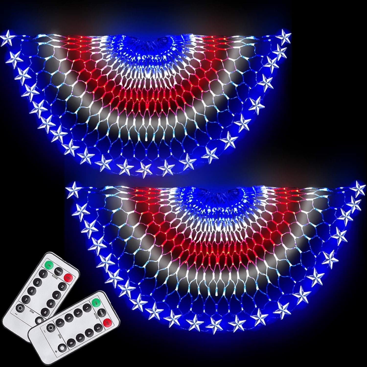 TURNMEON 2 Pack 240 Led American Flag Lights with Remote Timer 8 Flash Modes 4x2 Ft USA Pleated Fan Flag Net Lights Patriotic Decorations for Memorial Day, Independence Day, 4th of July Indoor Outdoor