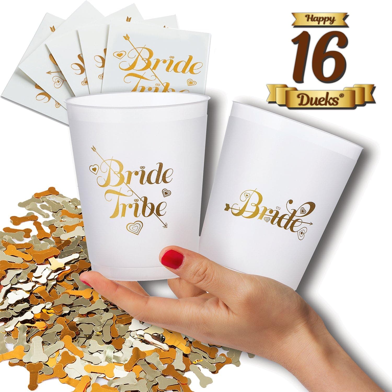 Happy Dueks Bachelorette Party Bride and Bride Tribe Cups,16-Oz Plastic Printed Cocktail Glasses & 5 Bonus Tattoos-Fun Supply Kit for Hen Party/Bridal Shower/Girls Night,Cold Drinks/Beverages