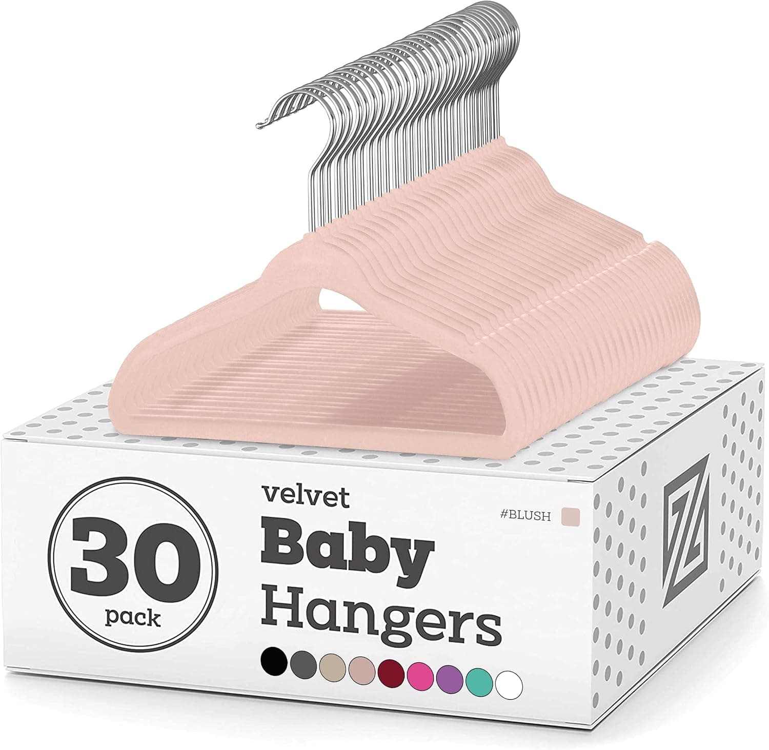 Zober Velvet Baby Hangers for Closet - Pack of 30 Non Slip Toddler Hangers for Shirts, Pants & Dresses w/Swivel Hook - Durable Infant Hangers w/Notches - Small Kids Hangers - Blush