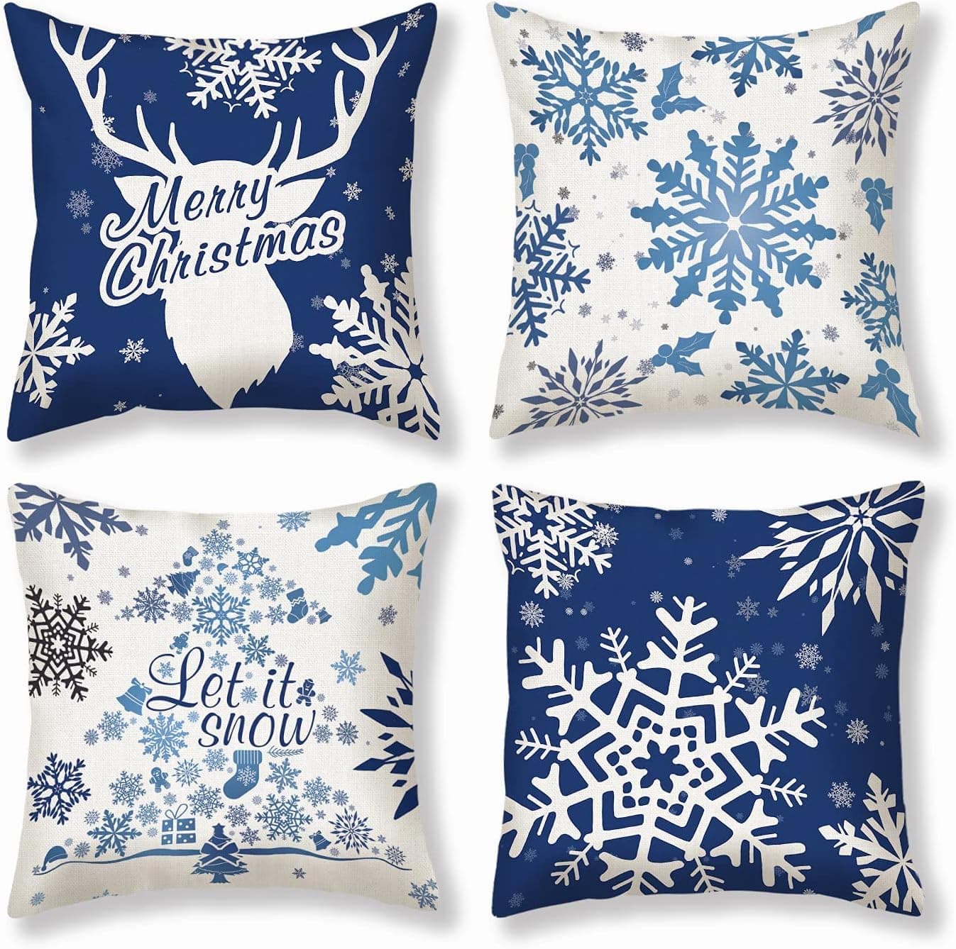 Christmas Blue Pillow Covers Winter Snowflakes 20x20Inches Decorative Throw Pillow Covers Holiday Rustic Outdoor Linen Pillow Case Christmas Tree Square Cushion Case for Bed Sofa Couch Chair Set of 4