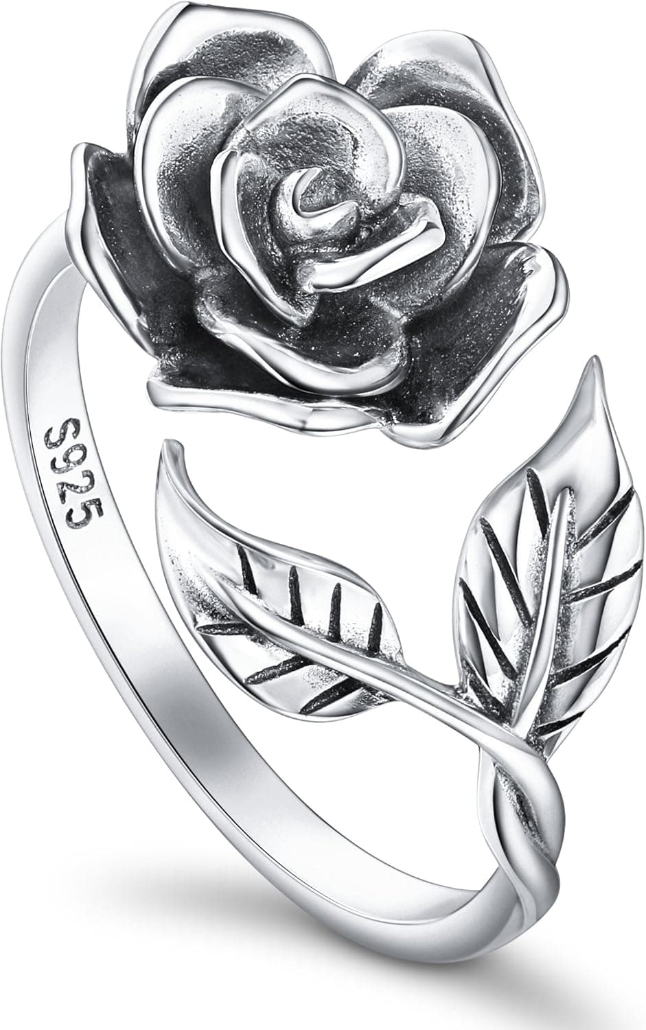 Alphm S925 Sterling Silver Rose Flower Ring Adjustable Wrap Open Jewelry for Women Teen Gift